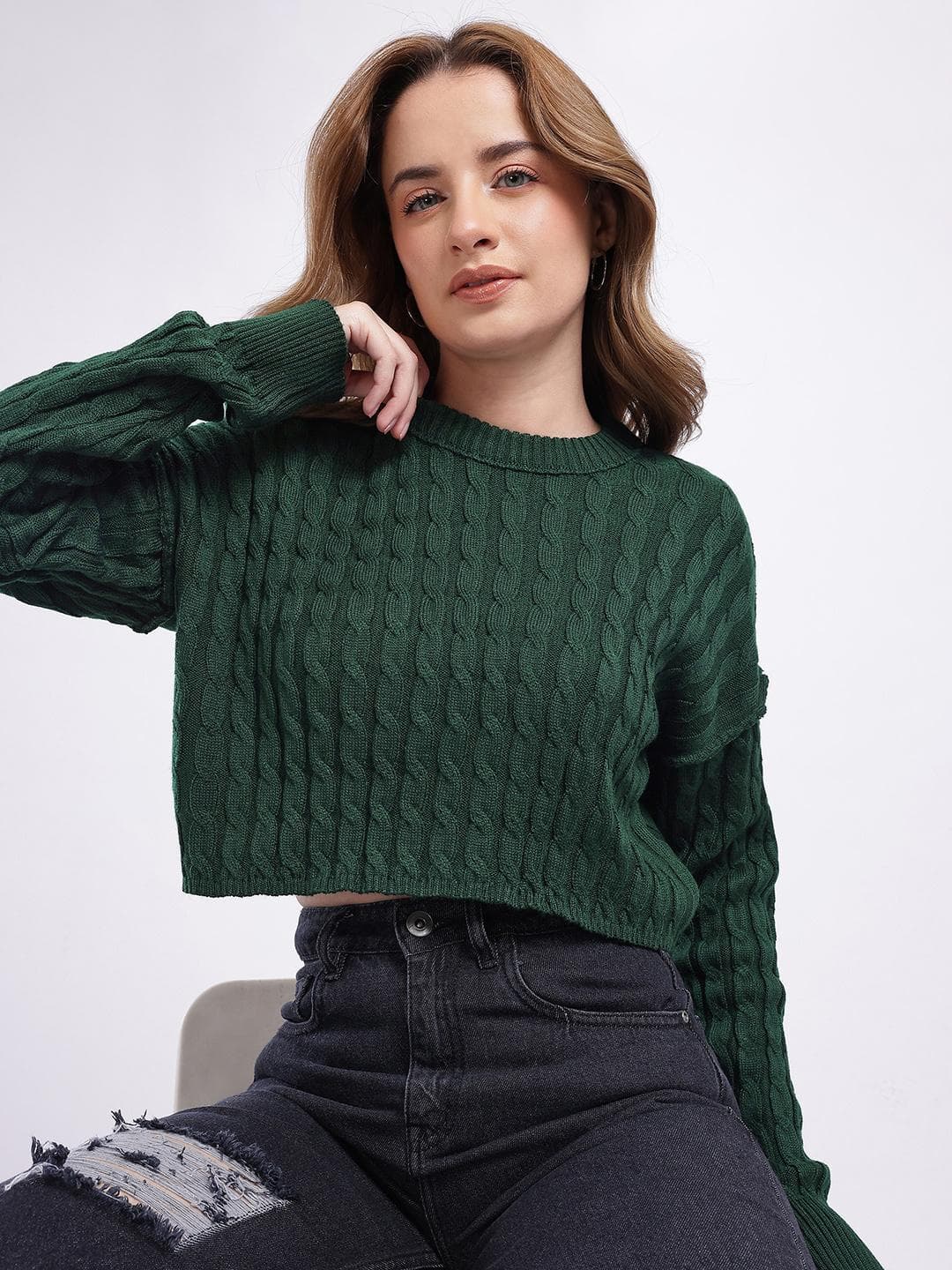 glitchez Cable Knit Self Design Crop Oversized Pullover Sweaters