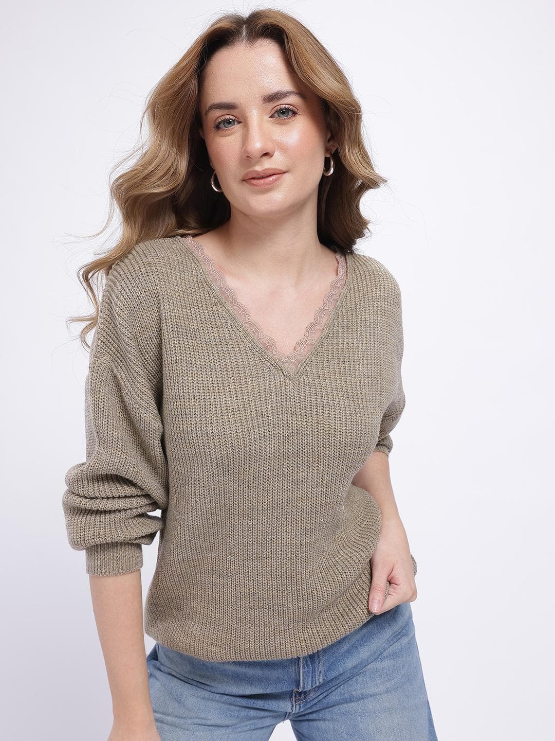 glitchez Cable Knit V-Neck Lace Inserts Oversized Pullover