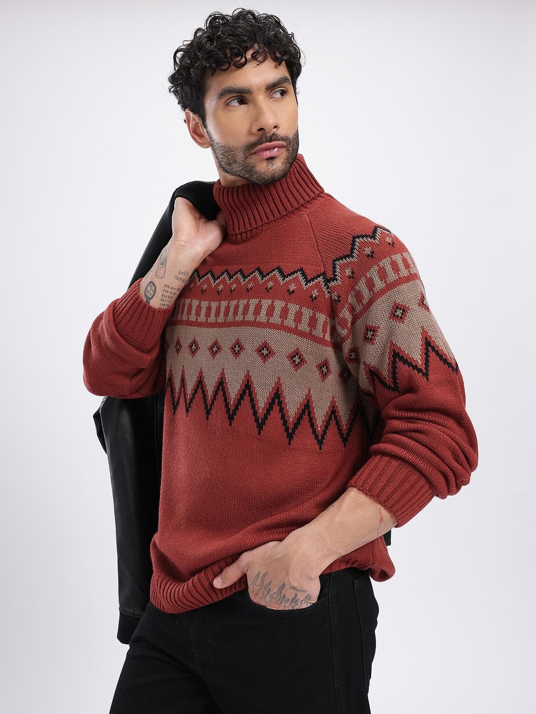 glitchez Geometric Self Design Turtle Neck Relaxed Fit Pullover