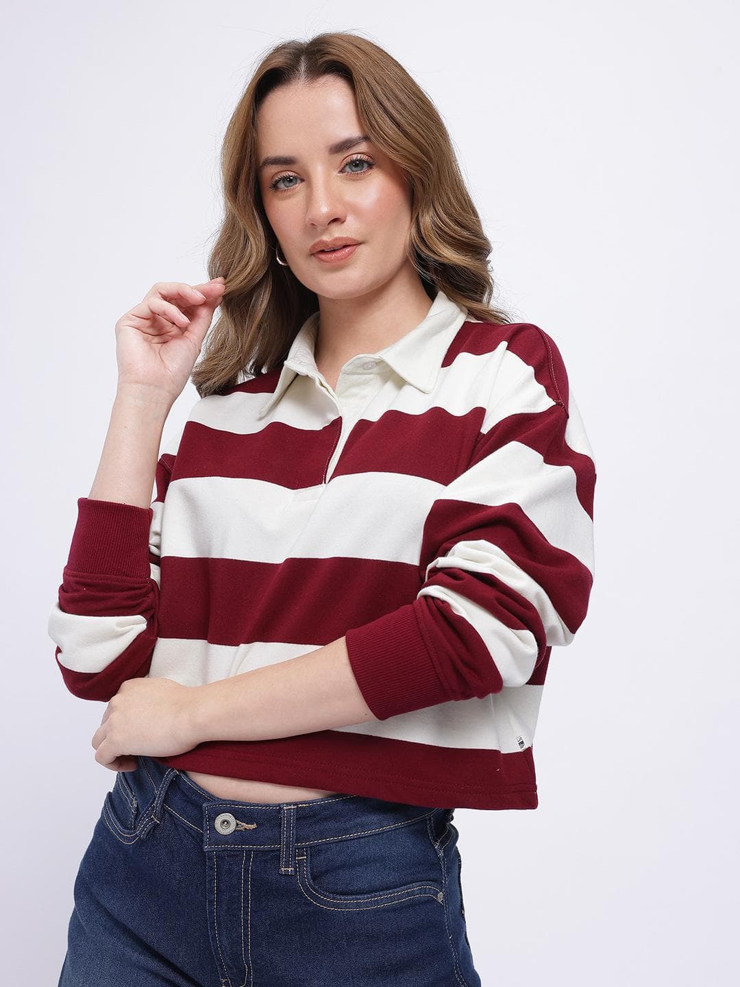 glitchez Striped Shirt Collar Drop Shoulder Sleeves Oversized Crop Pullover
