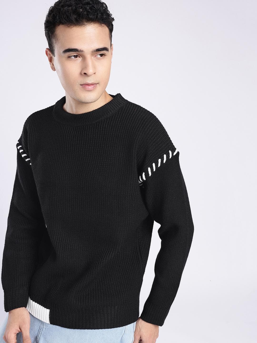 glitchez Round Neck Ribbed Knitted Pullover