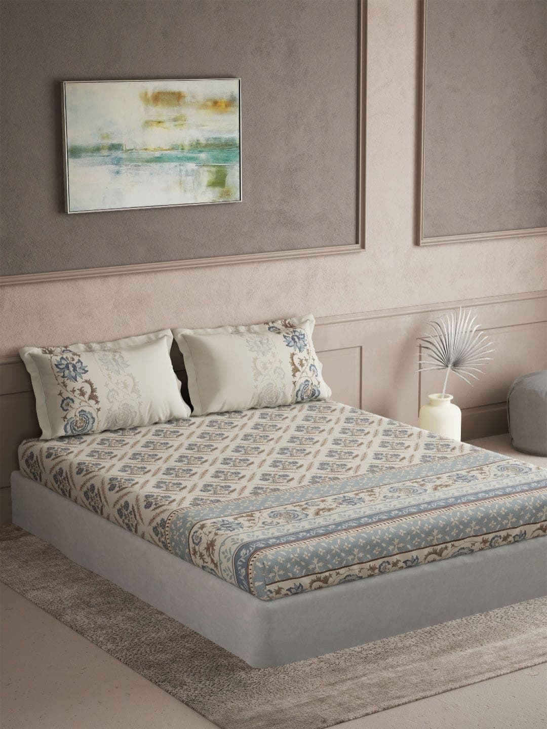 DDecor Blue & Beige Ethnic Printed 145 TC Cotton Double King Bedsheet Set 2.54 m x 2.74 m