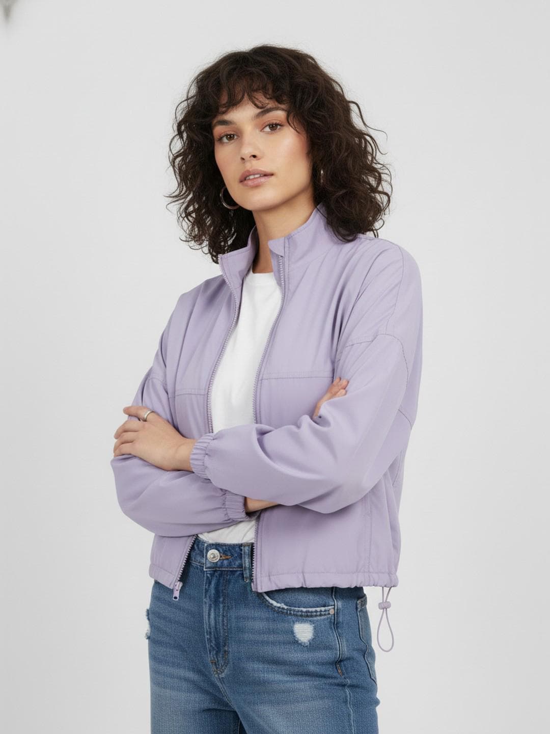 glitchez Drop-Shoulder Sleeves Crop Bomber Jacket with Toggled Hem
