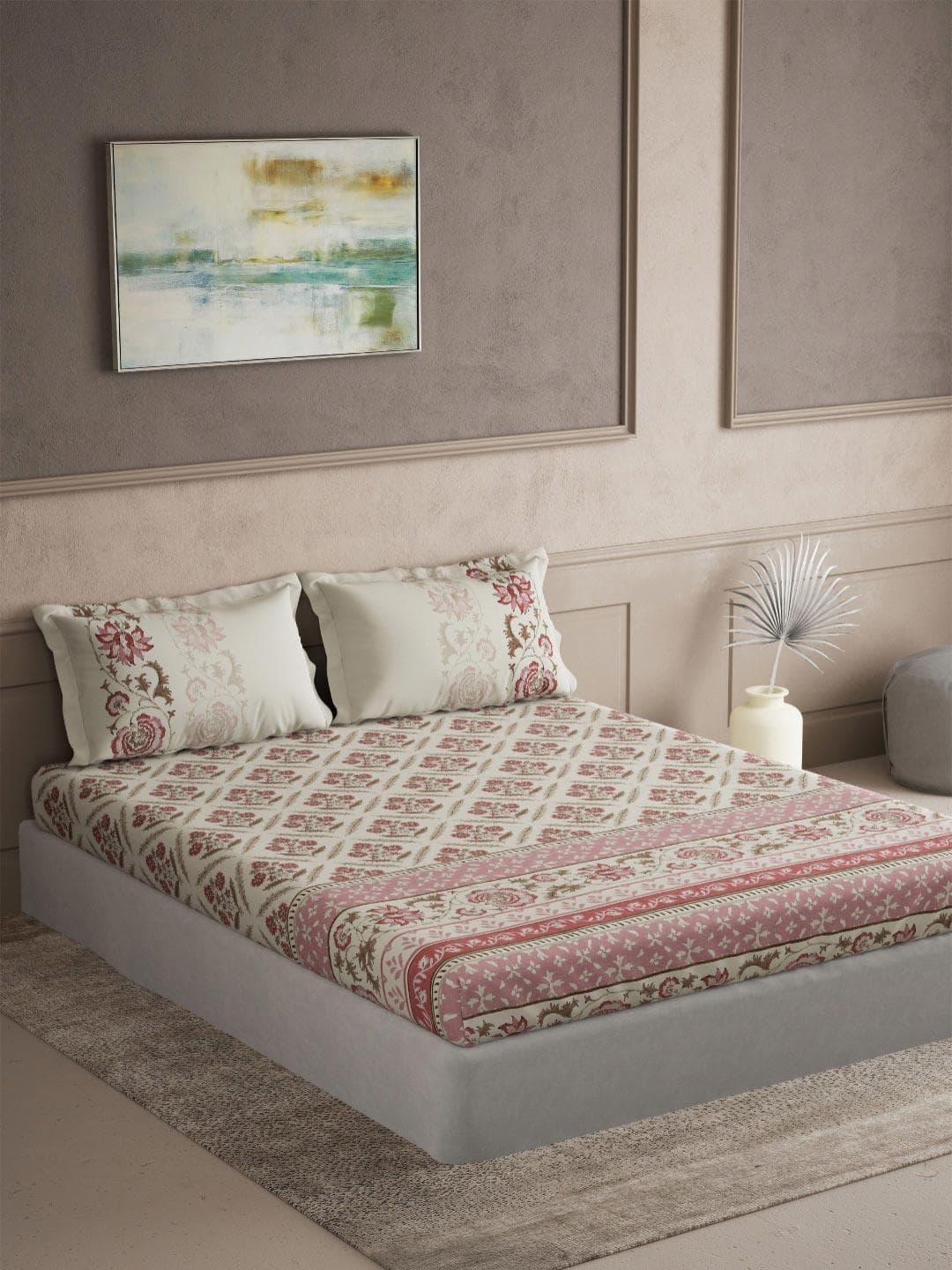 DDecor Pink & Cream-Coloured Printed 144TC Cotton Double King Bedsheet Set 2.54 m x 2.74 m