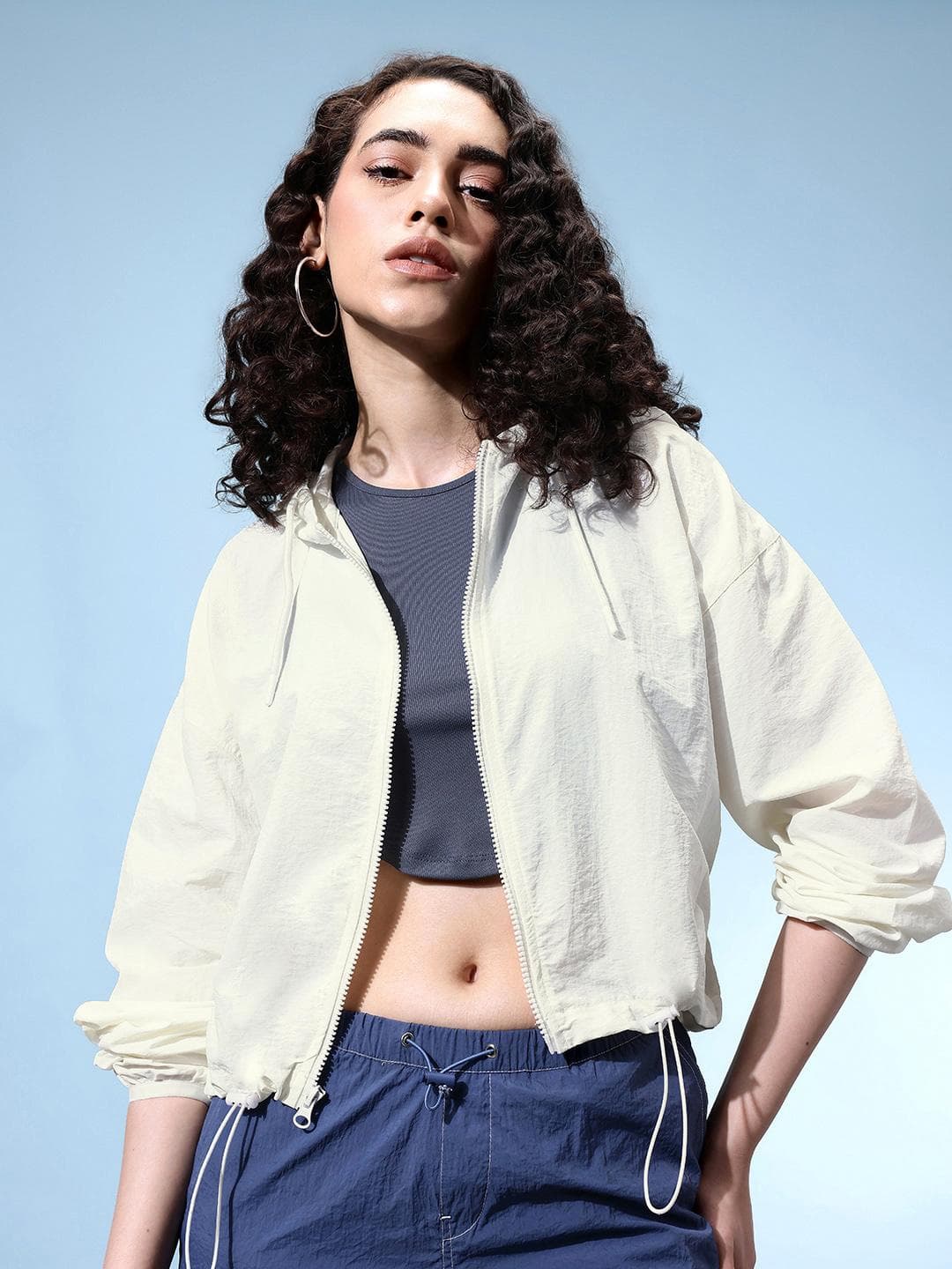 glitchez Drop-Shoulder Sleeves Hooded Crop Windcheater Bomber Jacket with Toggle Hem