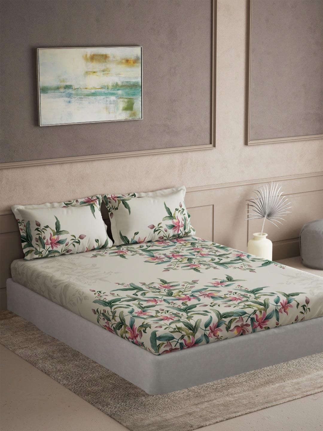 DDecor Beige Floral Printed 144 TC Cotton Double King Bedsheet Set 2.54 m x 2.74 m