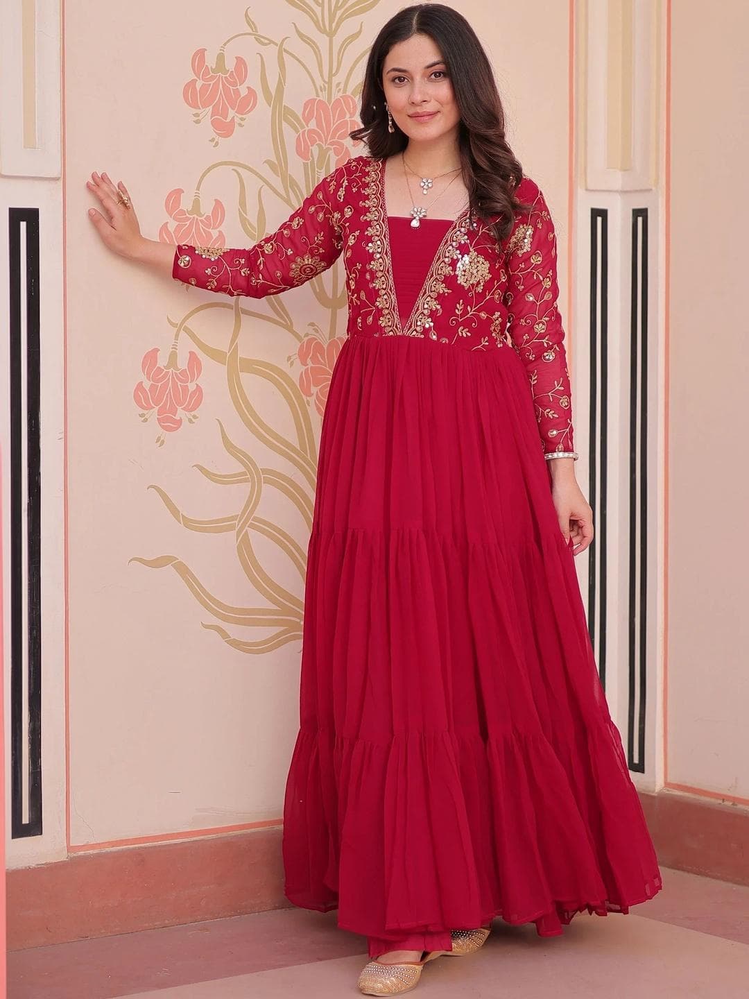 Buy LAZZLY Ethnic Motifs Embroidered Sequinned Georgette Fit & Flare Maxi Ethnic Dress - - Apparel for Women