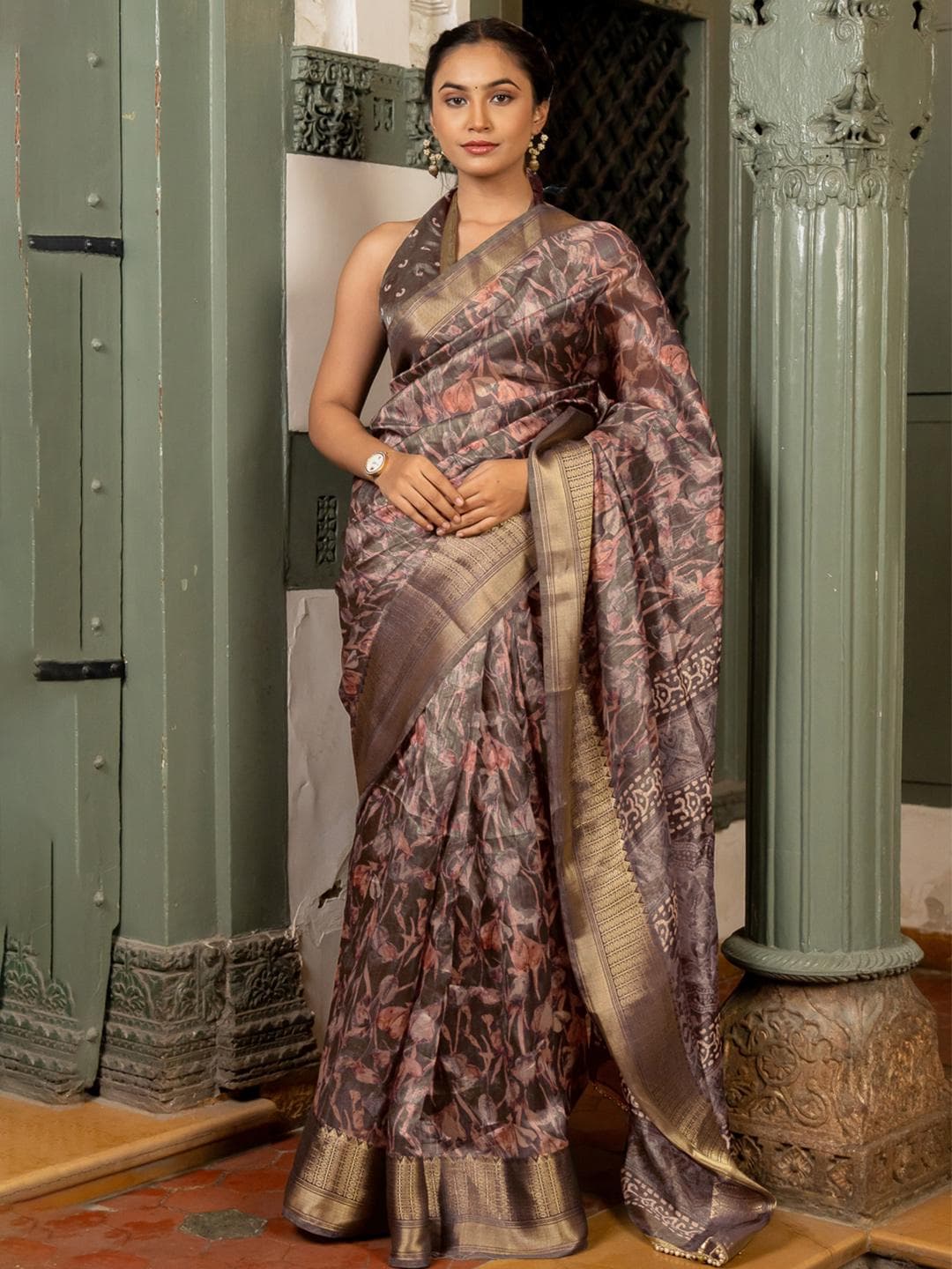 KALINI Floral Printed Zari Festive Saree