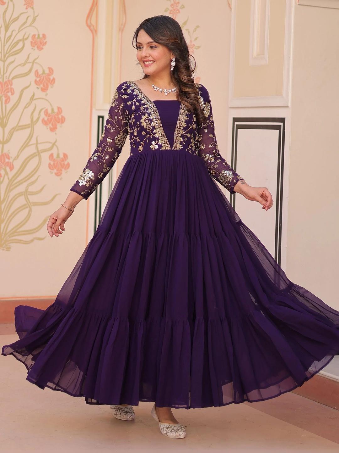 Buy LAZZLY Floral Embroidered Sequinned Georgette Fit & Flare Maxi Ethnic Dress - - Apparel for Women