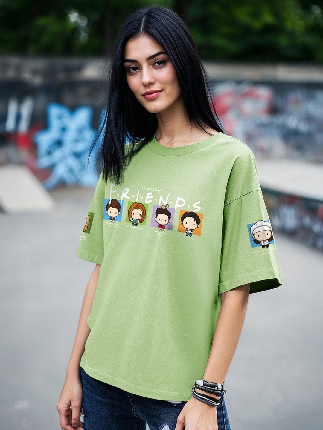 Bewakoof Green Friends Printed Drop Shoulder Sleeves Pure Cotton Oversized T-shirt