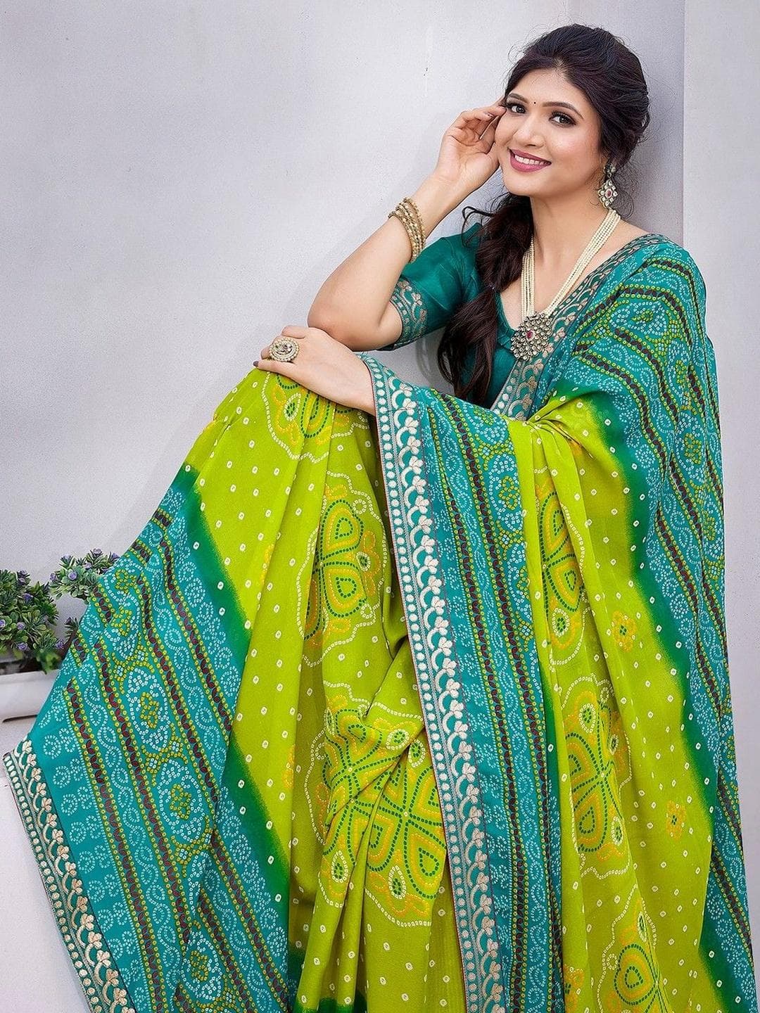 JANOI Bandhani Poly Georgette Designer Saree