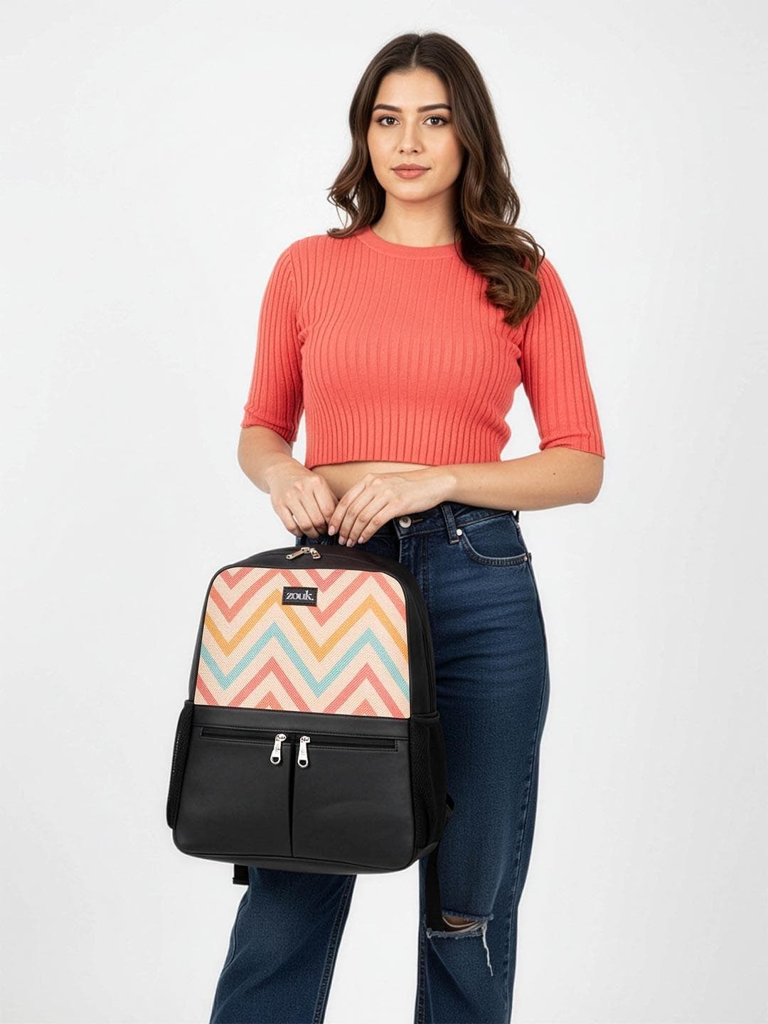 Buy ZOUK Women Chevron Printed Vegan Leather Backpack With Compression Straps Up To 16 Inch - - Accessories for Women