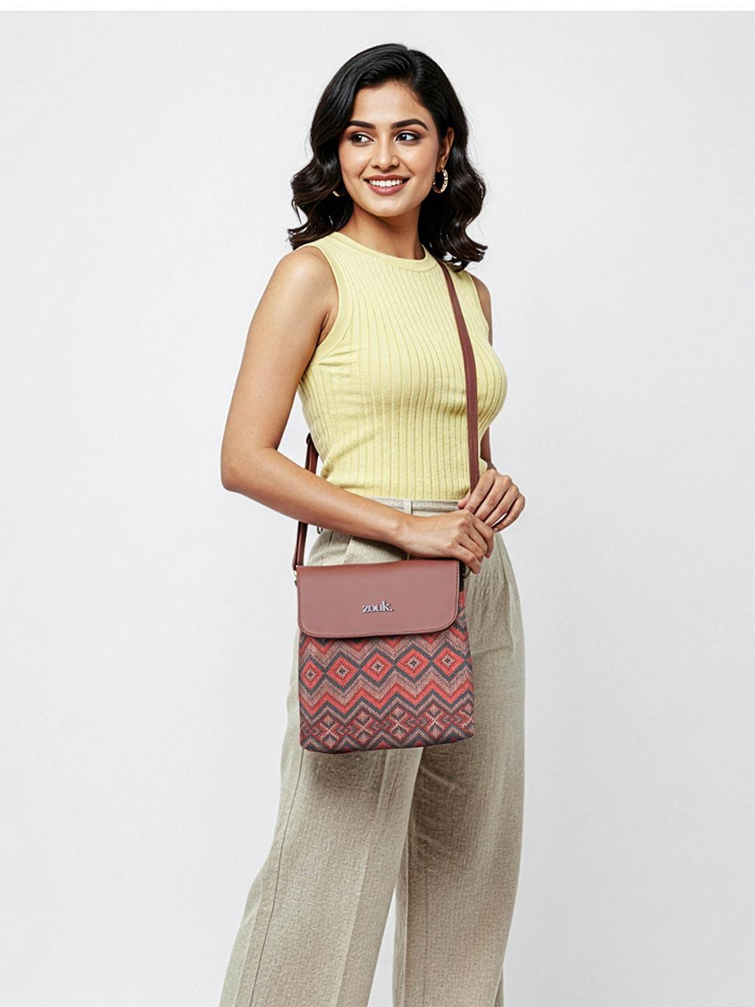 Buy ZOUK Brown Geometric Printed Structured Sling Bag Flap Handbag - - Accessories for Women