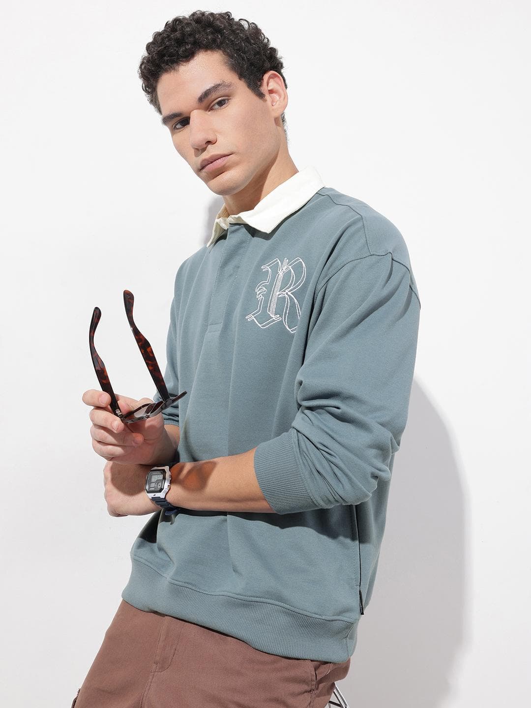 The Roadster Life Co. Shirt Collar Embroidered Relaxed Fit Sweatshirt