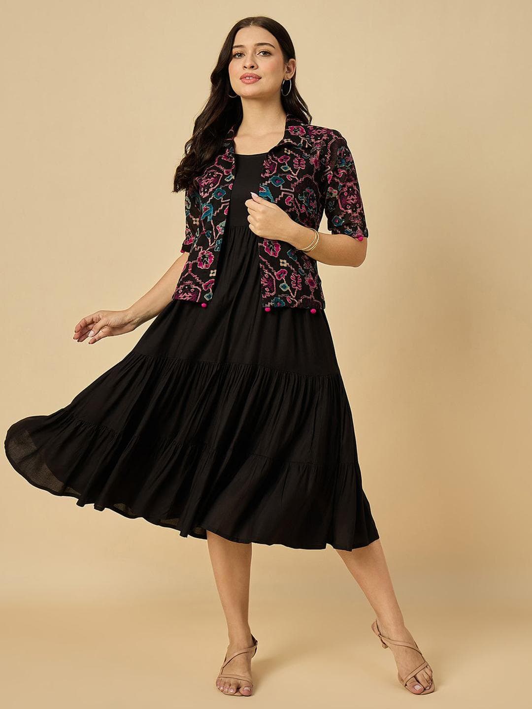 Azira Women Fit & Flare Midi Ethnic Dress With Jacket
