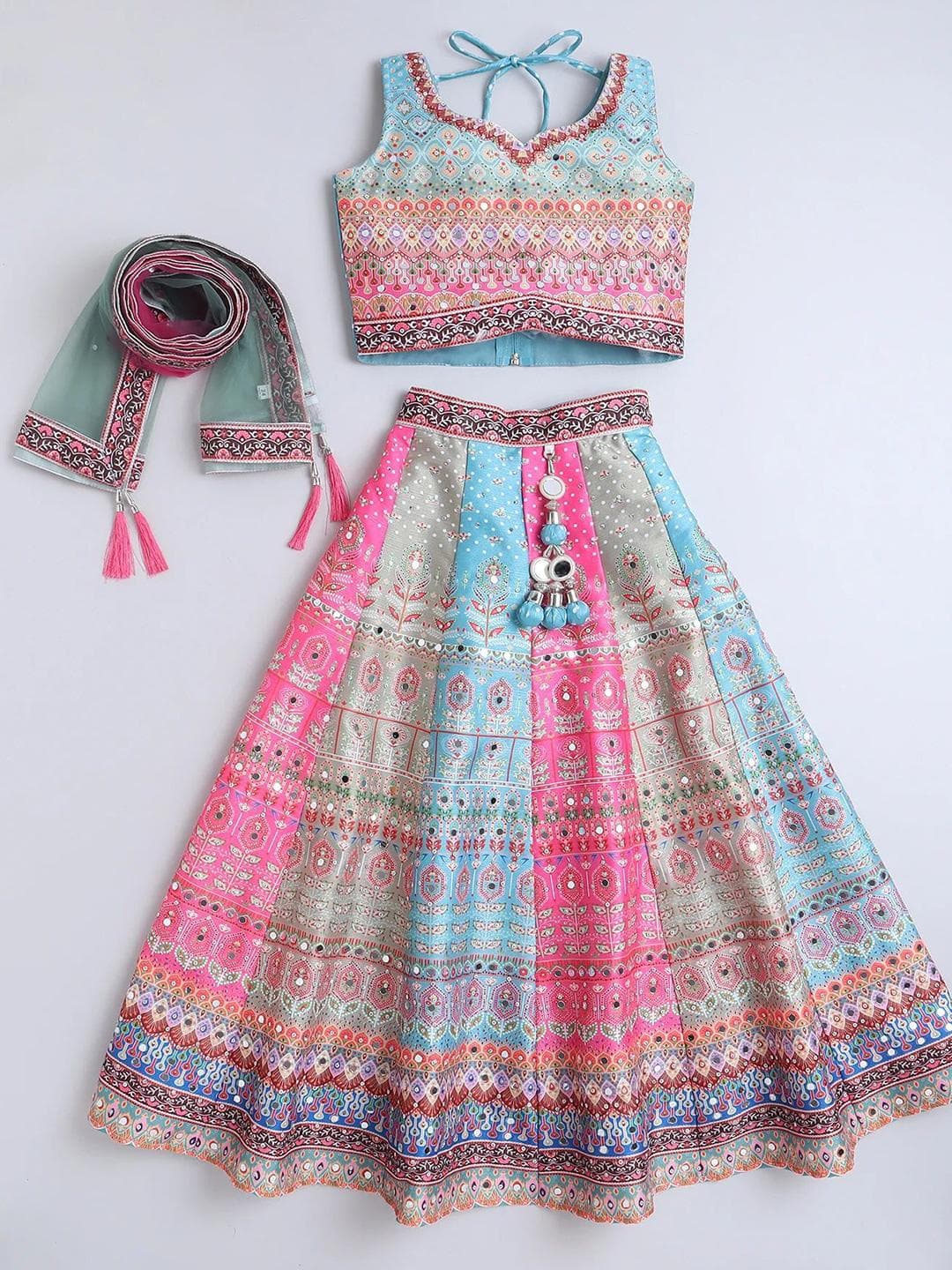 NKV Girls Printed Mirror Work Sweetheart Neck Art Silk Lehenga With Blouse And Dupatta
