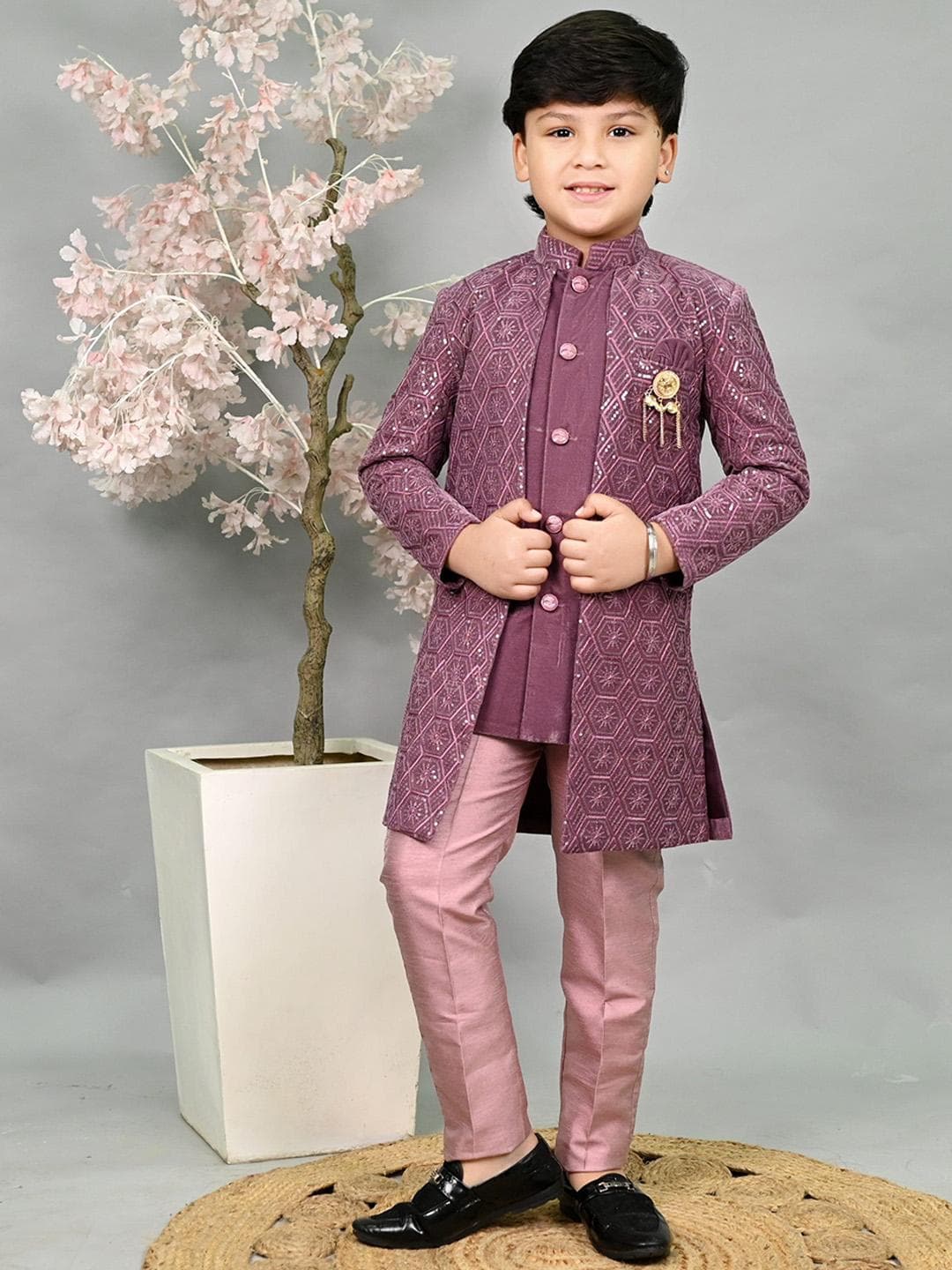 ahhaaaa Boys Embroidered Velvet Sherwani Set