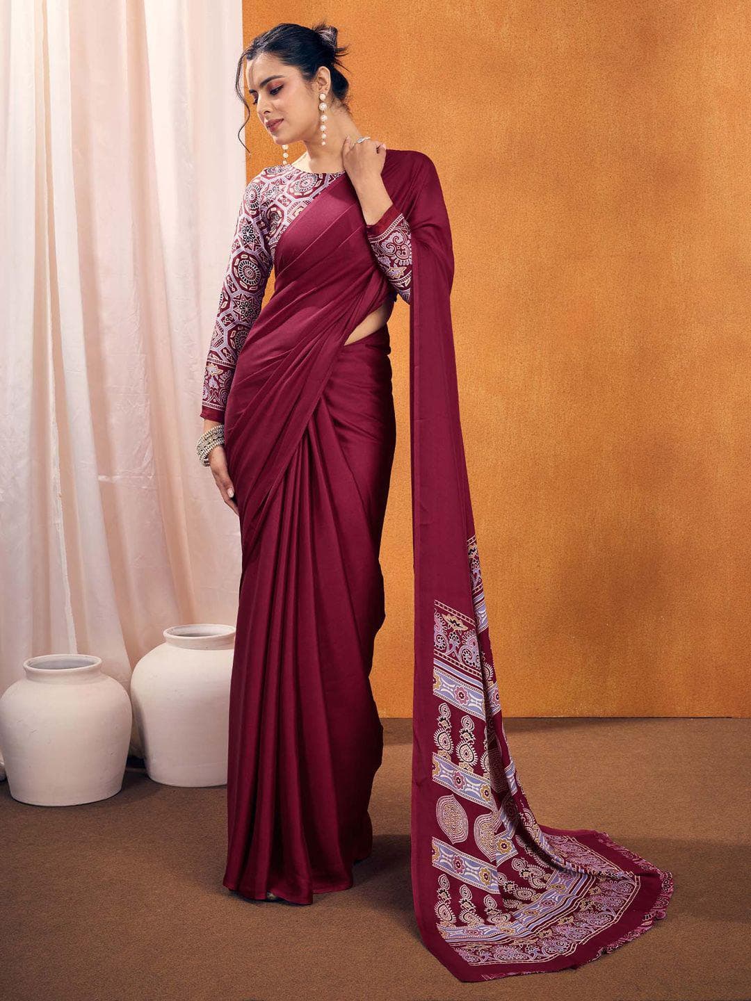 Mitera modal Ajrak Block Satin SareeWith Blouse Piece