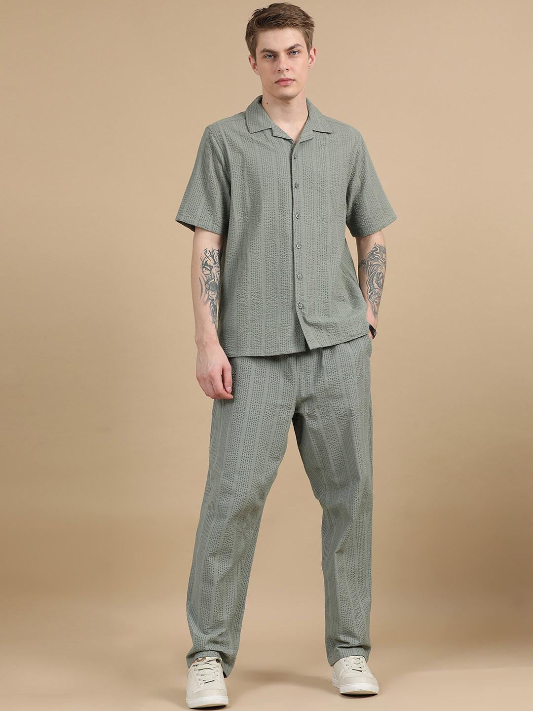 Buy StitchX Men Airport Look Textured Seersucker Resort Cotton Shirt & Trouser Co Ord Set - - Apparel for Men