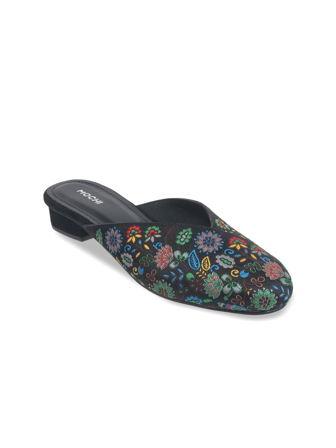 Mochi Womens Black Emboridered Ethnic Printed Block Heel Mules