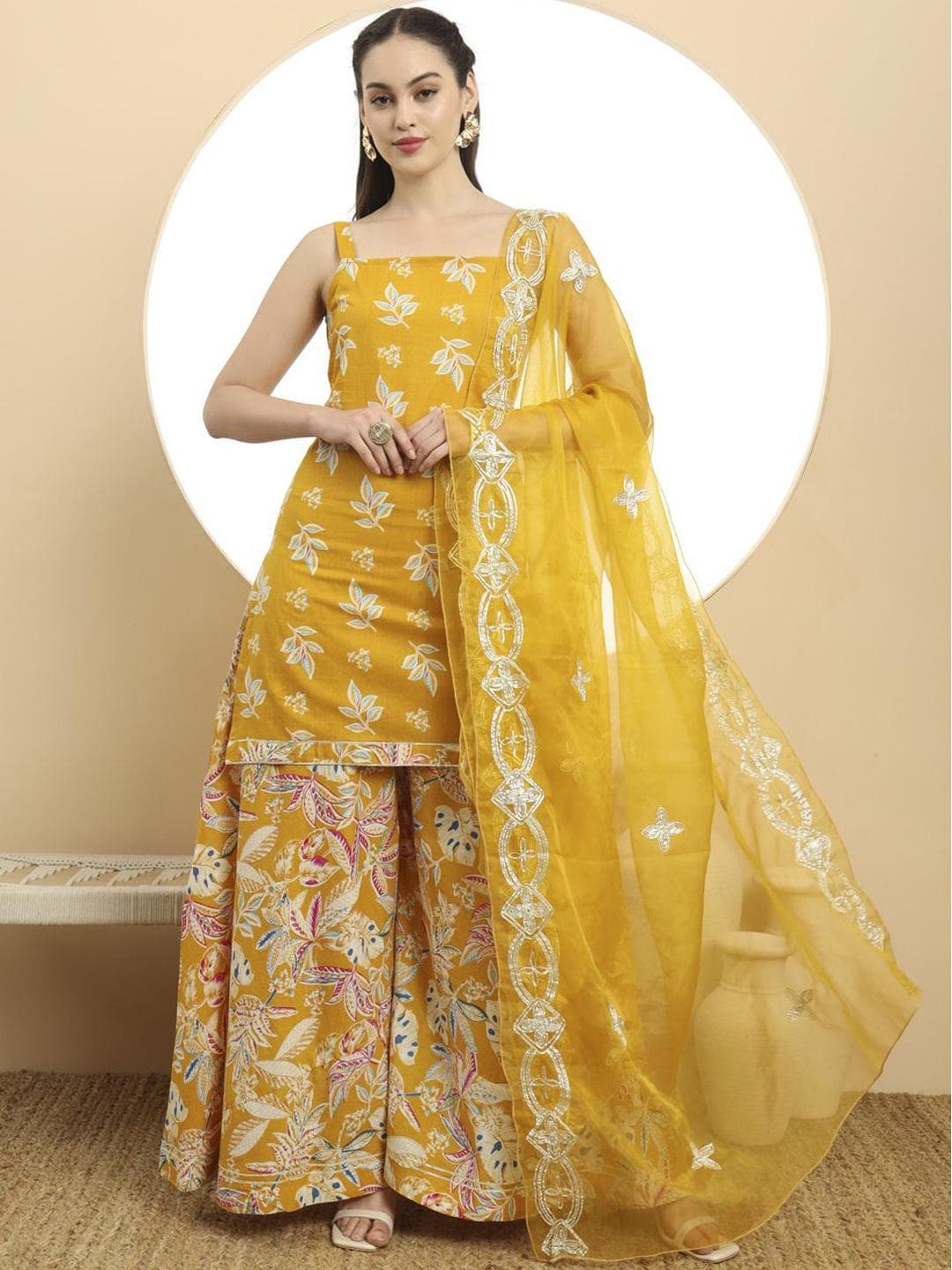 Yufta Women Floral Embroidered Regular Gotta Patti Pure Cotton Kurta with Palazzos & With Dupatta