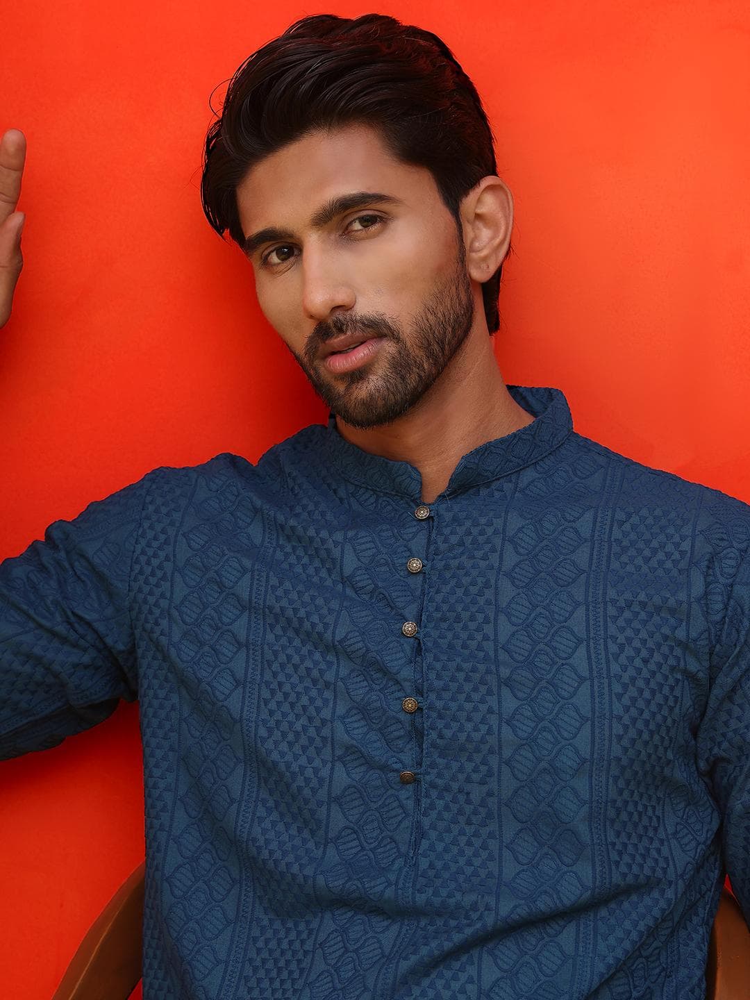Jompers Geometric Embroidered Mandarin Collar Chikankari Pure Cotton Straight Kurta
