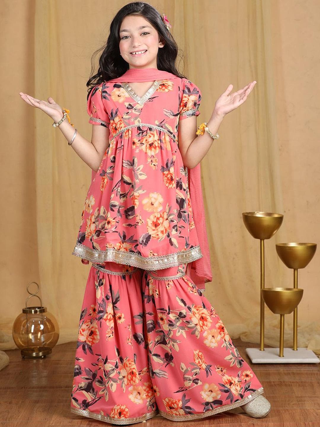 Cutiekins Girls Floral Printed Empire Gotta Patti Kurta with Sharara & With Dupatta