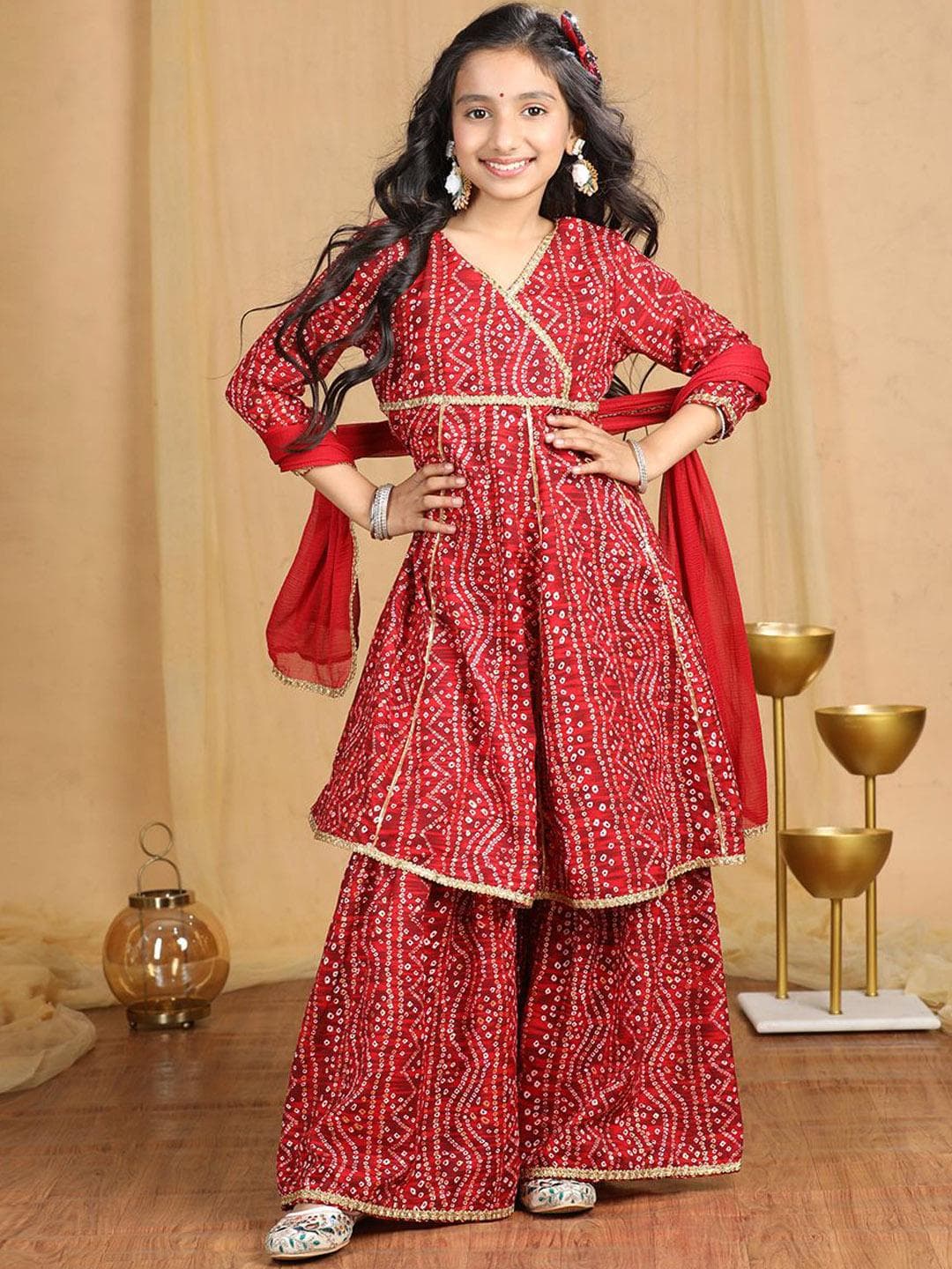 Cutiekins Girls Bandhani Printed Angrakha Gotta Patti Kurta with Sharara & With Dupatta