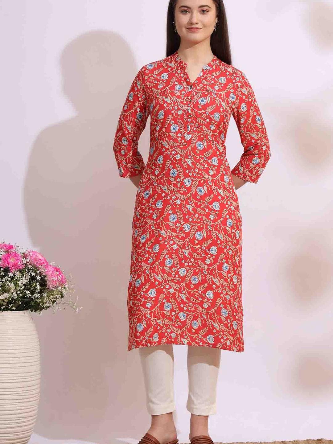 W Floral Printed Mandarin Collar Cotton Straight Kurta