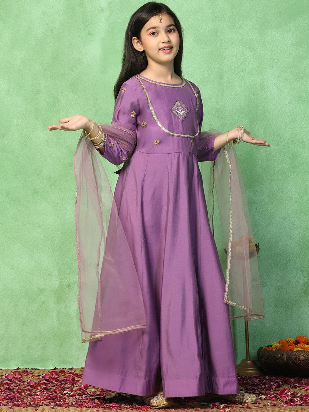 Sangria Girls Embroidered Maxi Length Ethnic Dress With Dupatta