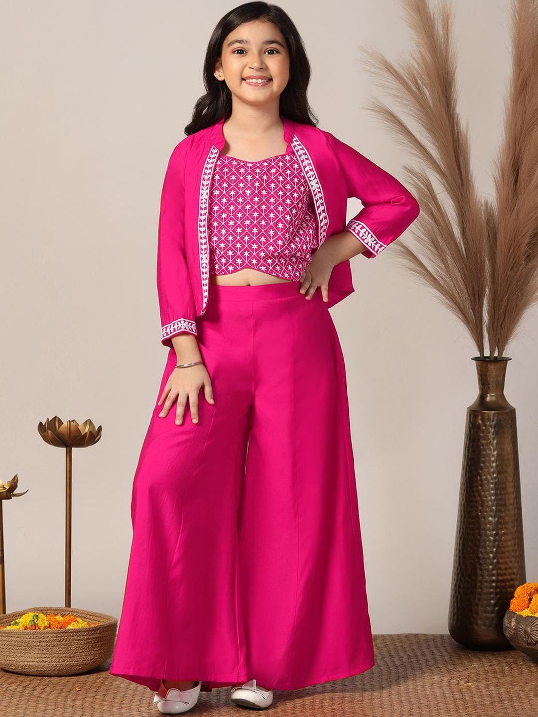 Buy Sangria Pink & White Girls Floral Embroidered Crop Top With Palazzo And Jacket - - Apparel for Girls