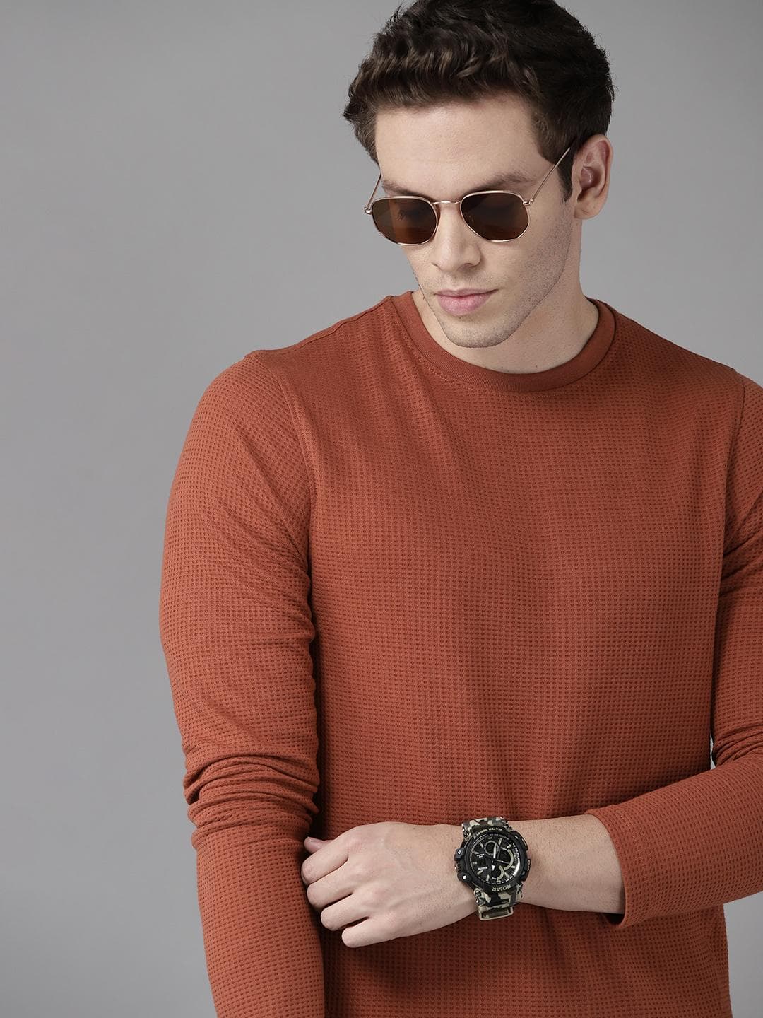 Roadster Men Rust Orange Checked Waffle Weave T-shirt