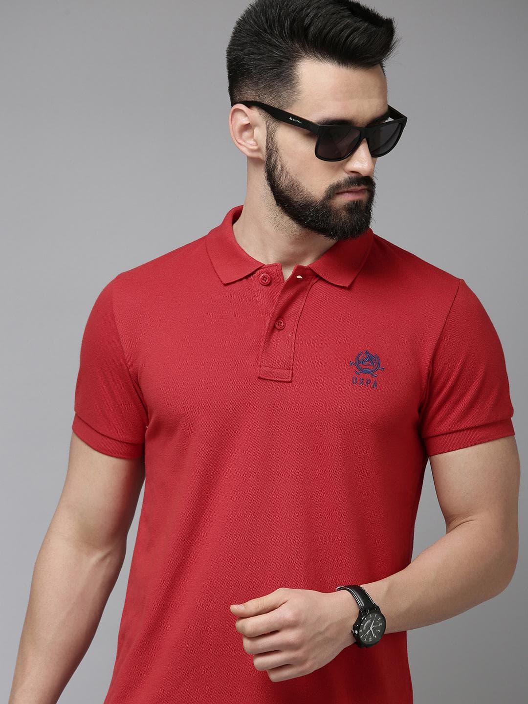 U S Polo Assn Men Red Polo Collar Slim Fit Pure Cotton T-shirt