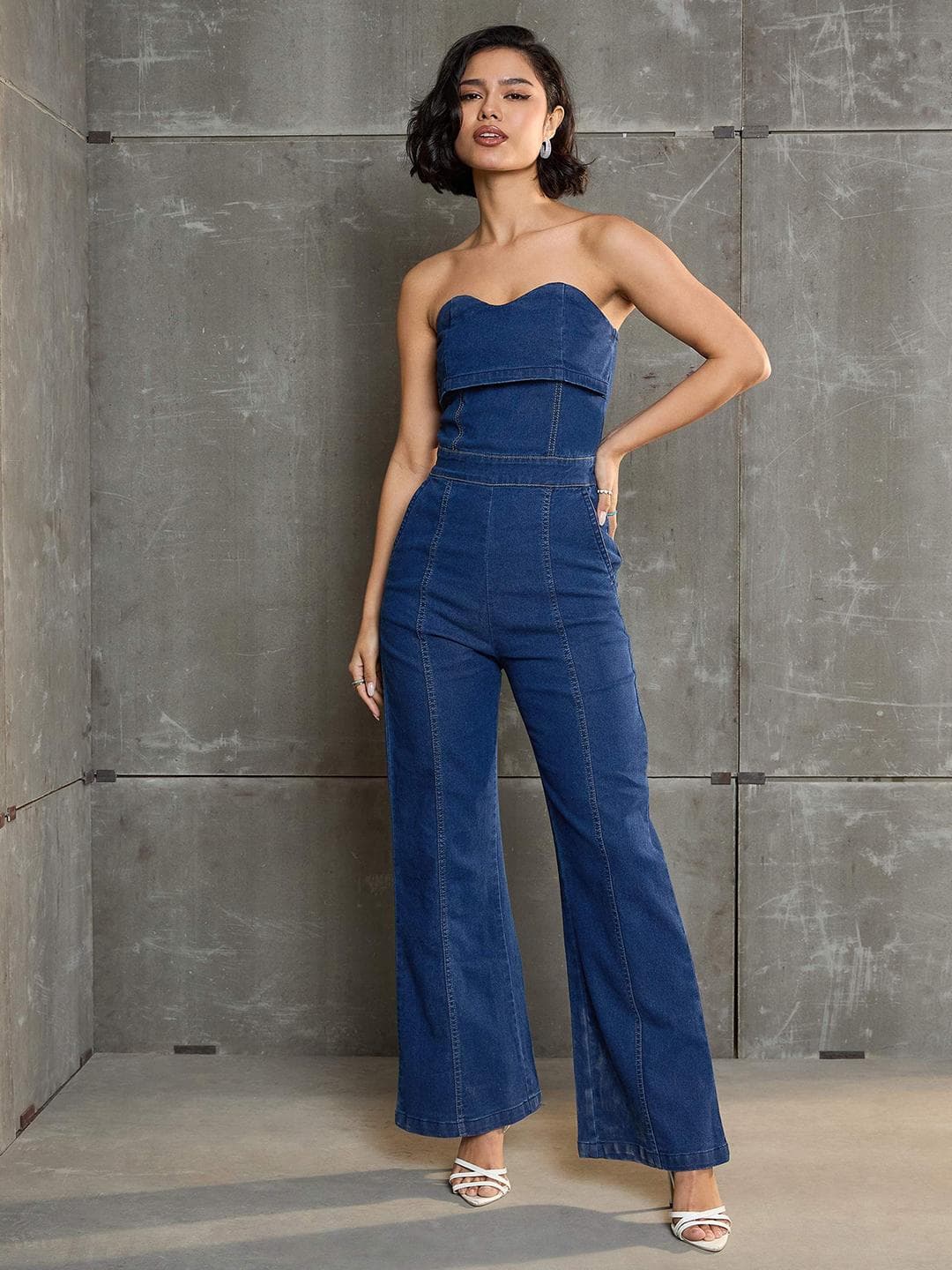 SASSAFRAS Women Off-Shoulder Basic Denim Jumpsuit