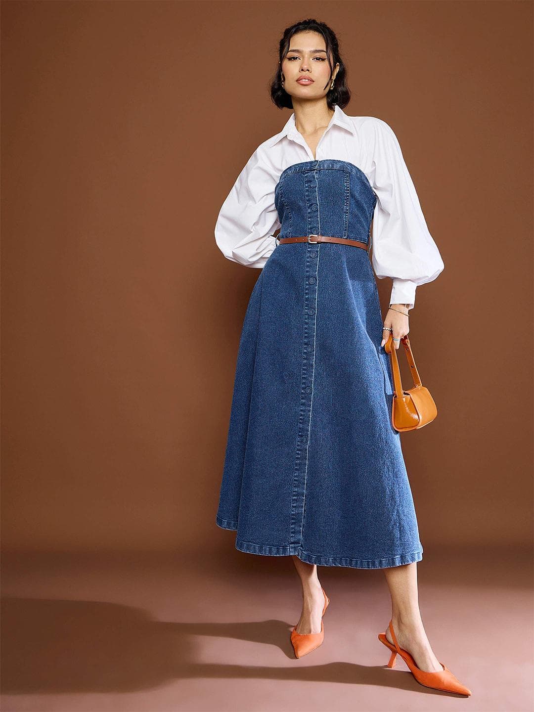 SASSAFRAS Women Strapless Denim Bandeau Midi Dress
