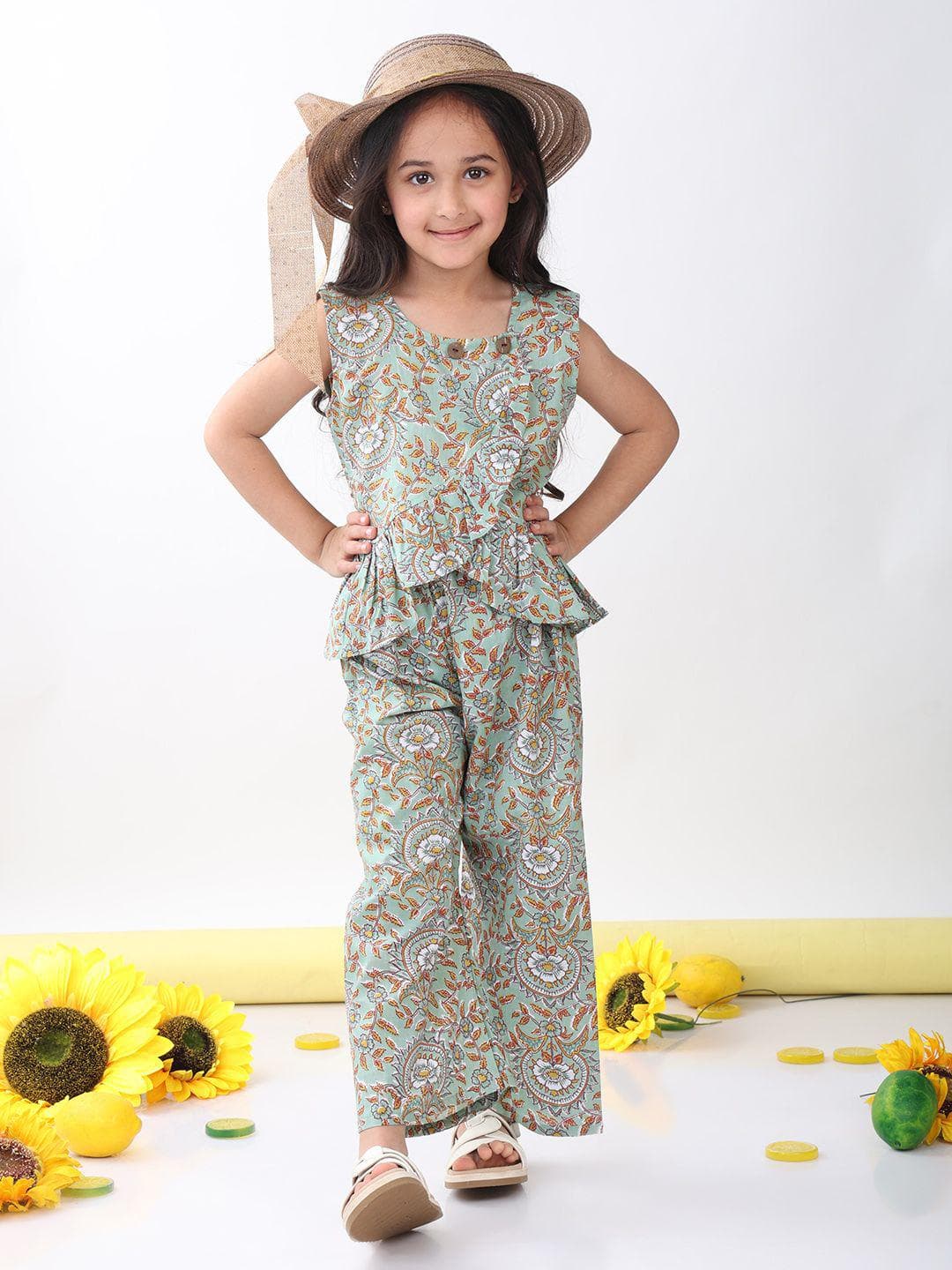 Sangria Girls Printed Round Neck Pure Cotton Top & Palazzo