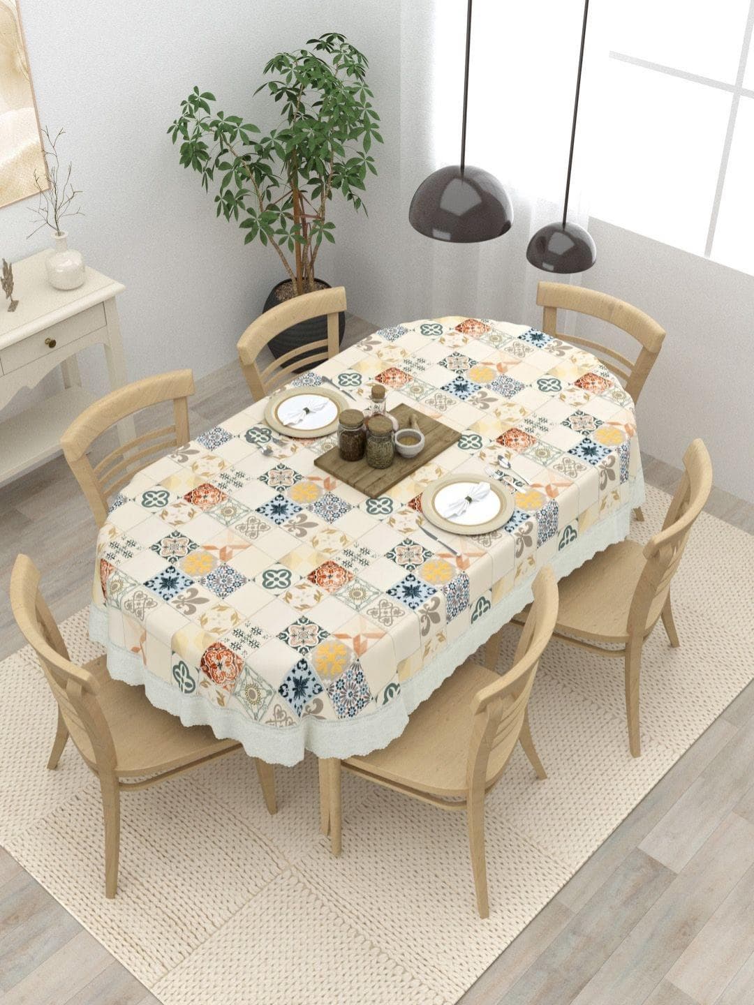 Clasiko Cream-Coloured 6 Seater Geometric Printed Anti-Slip Oval Shaped Table Cover