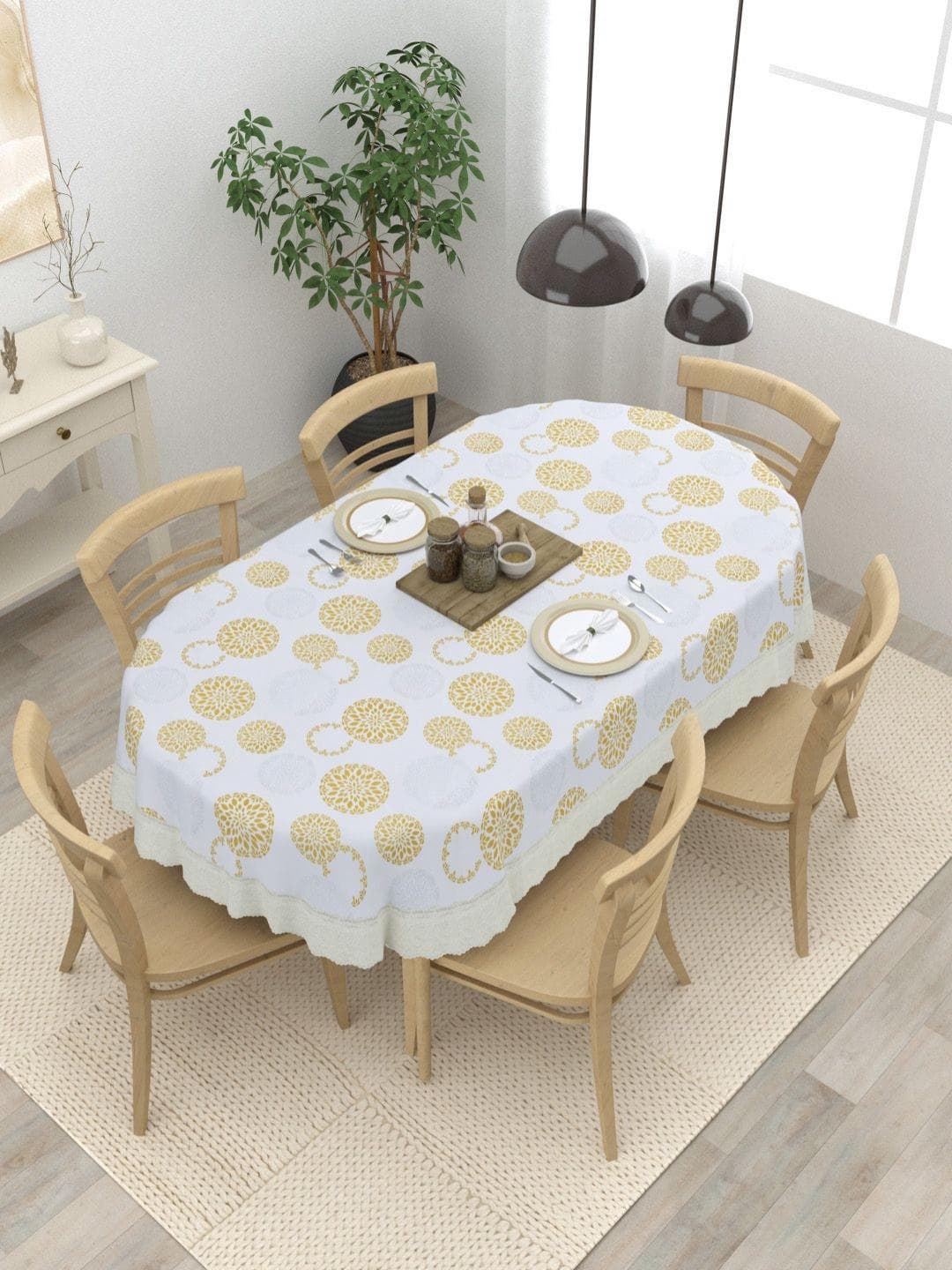 Clasiko Gold-Toned 6 Seater Geometric Printed Anti-Slip Plastic Oval Shaped Table Cover