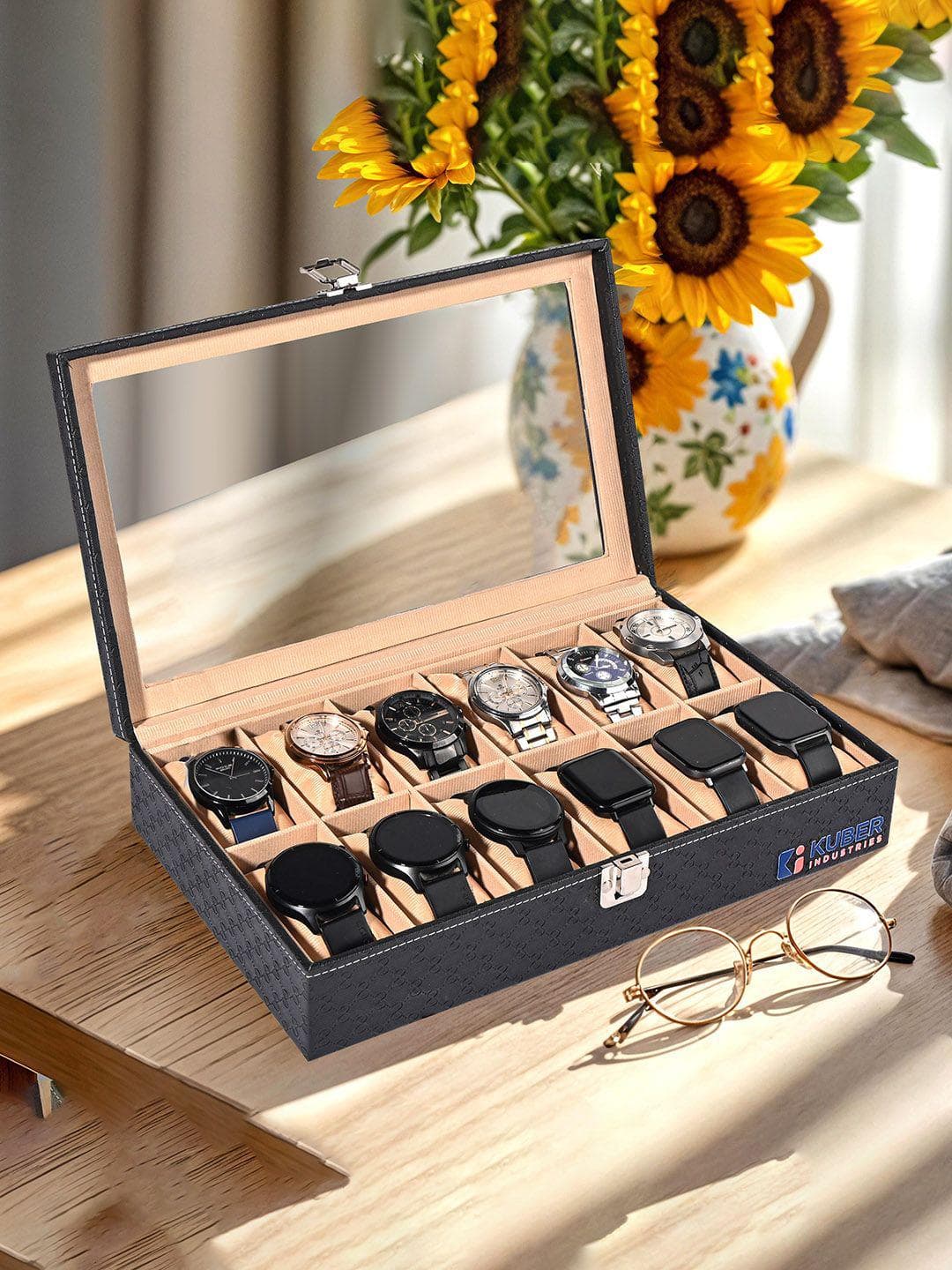 Buy Kuber Industries Men 12 Slots Black Faux Leather Watch Organiser Box For Storage - - Accessories for Unisex