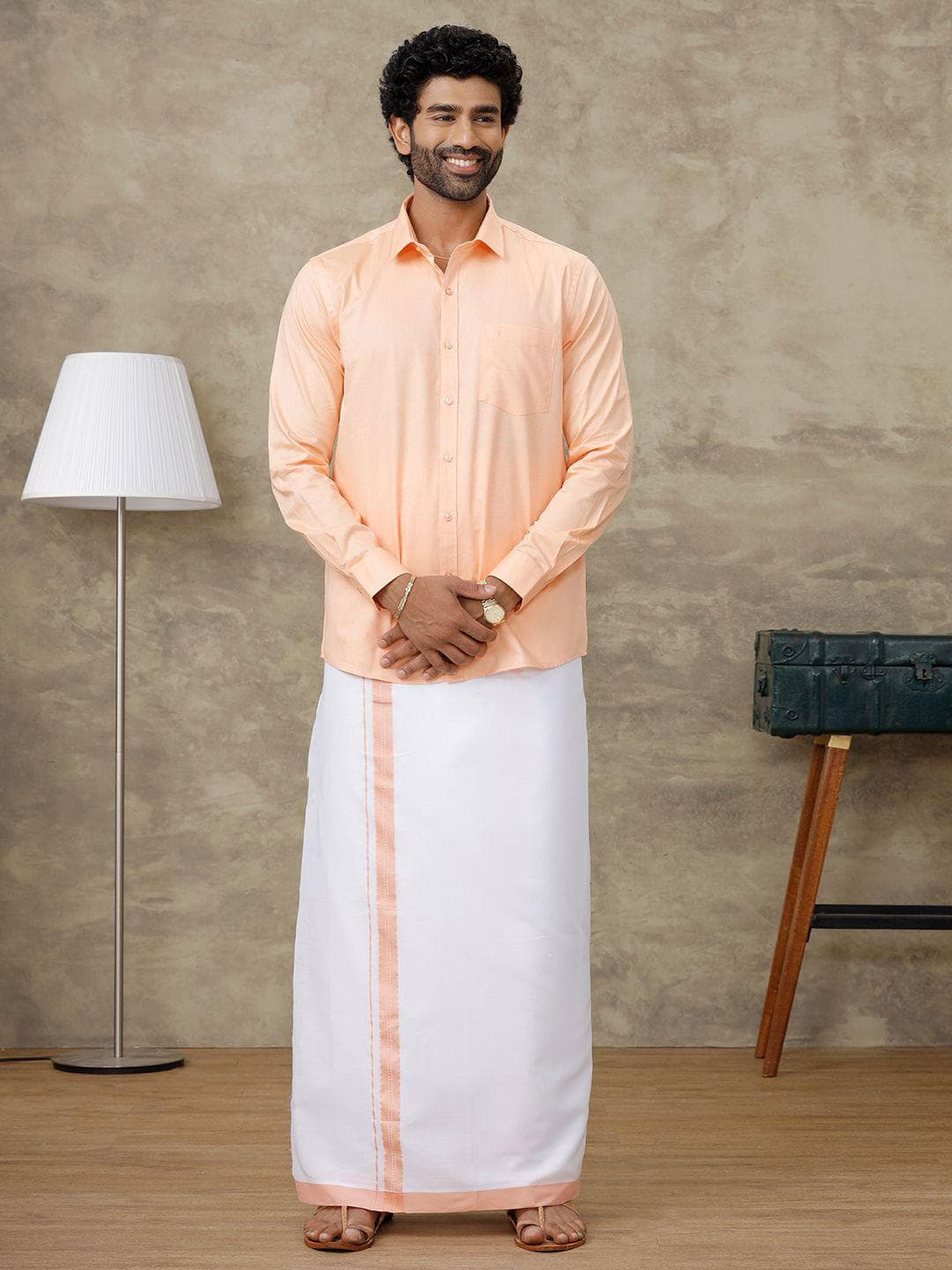 Buy Ramraj Men Full Sleeve Solid Shirt With Matching Border Dhoti - - Apparel for Men