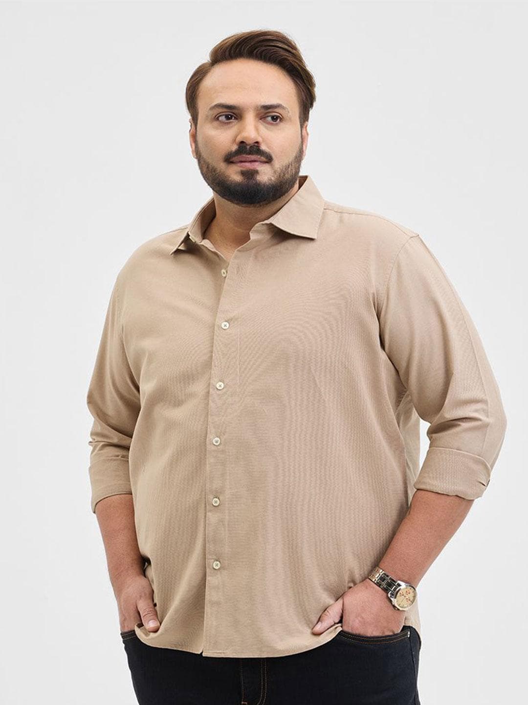 Snitch Plus Size Men Classic Fit Spread Collar Solid Cotton Casual Shirt