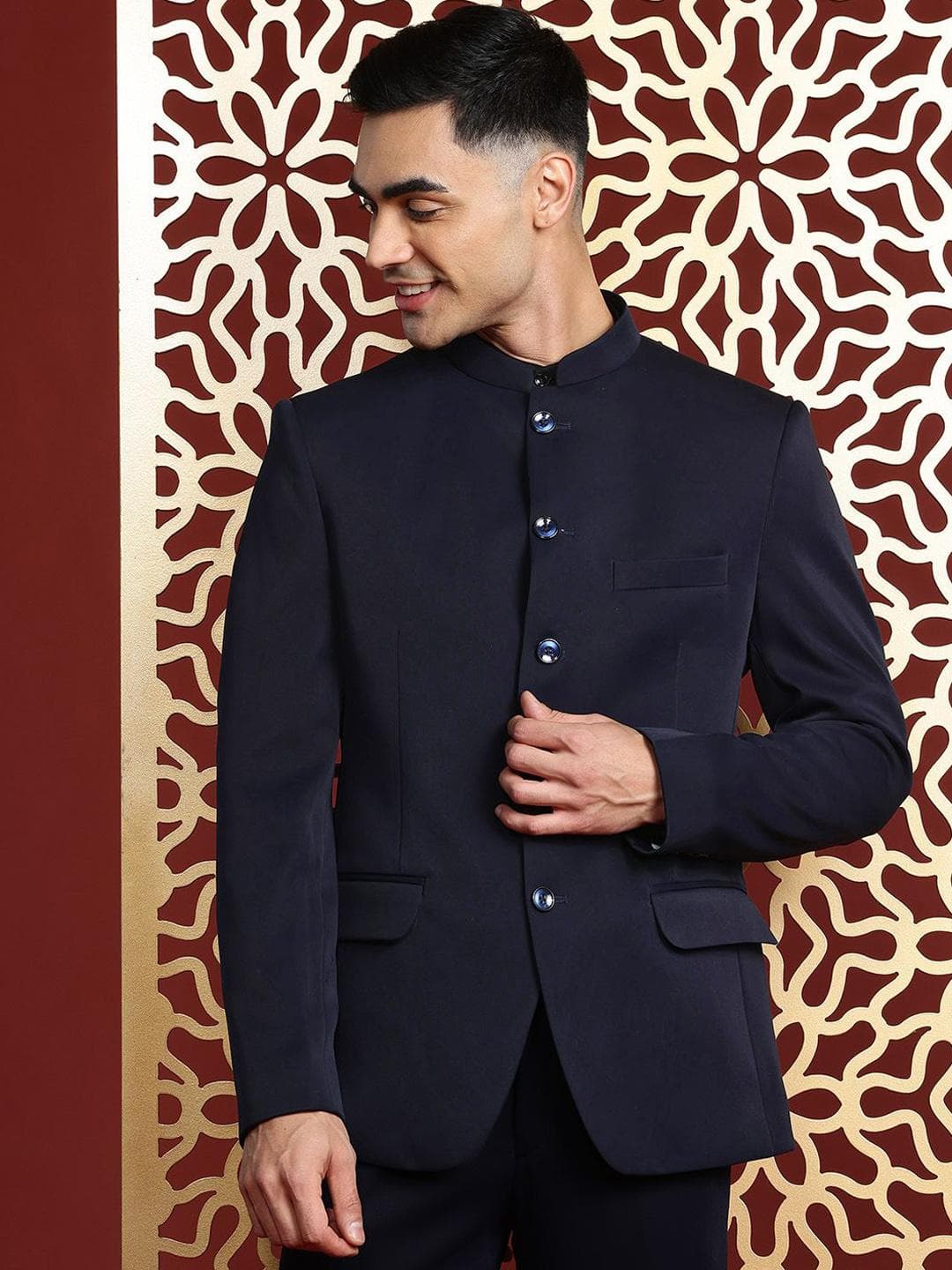 MANQ Mandarin Collar Slim-Fit Bandhgala Single-Breasted Blazer