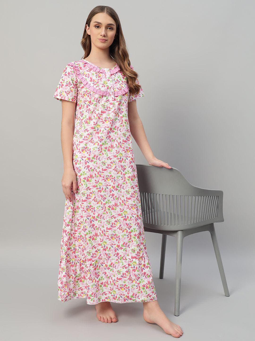 SEPHANI Pink Printed Pure Cotton Maxi Nightdress