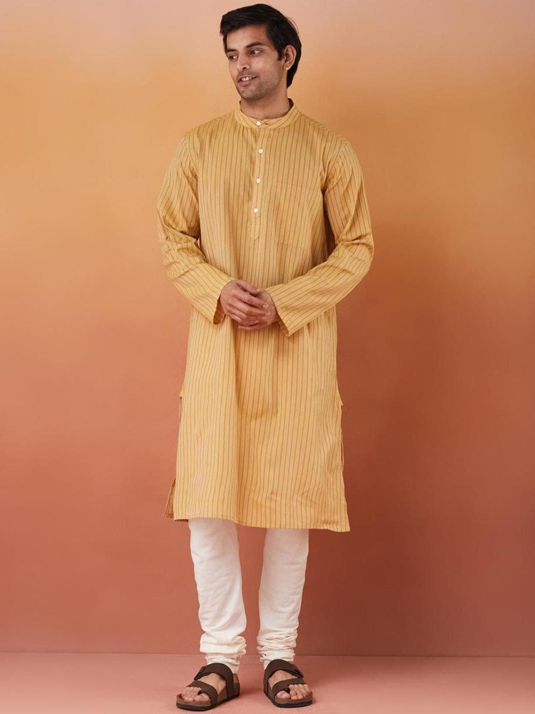 Fabindia Men Striped Band Collar Cotton Straight Kurta