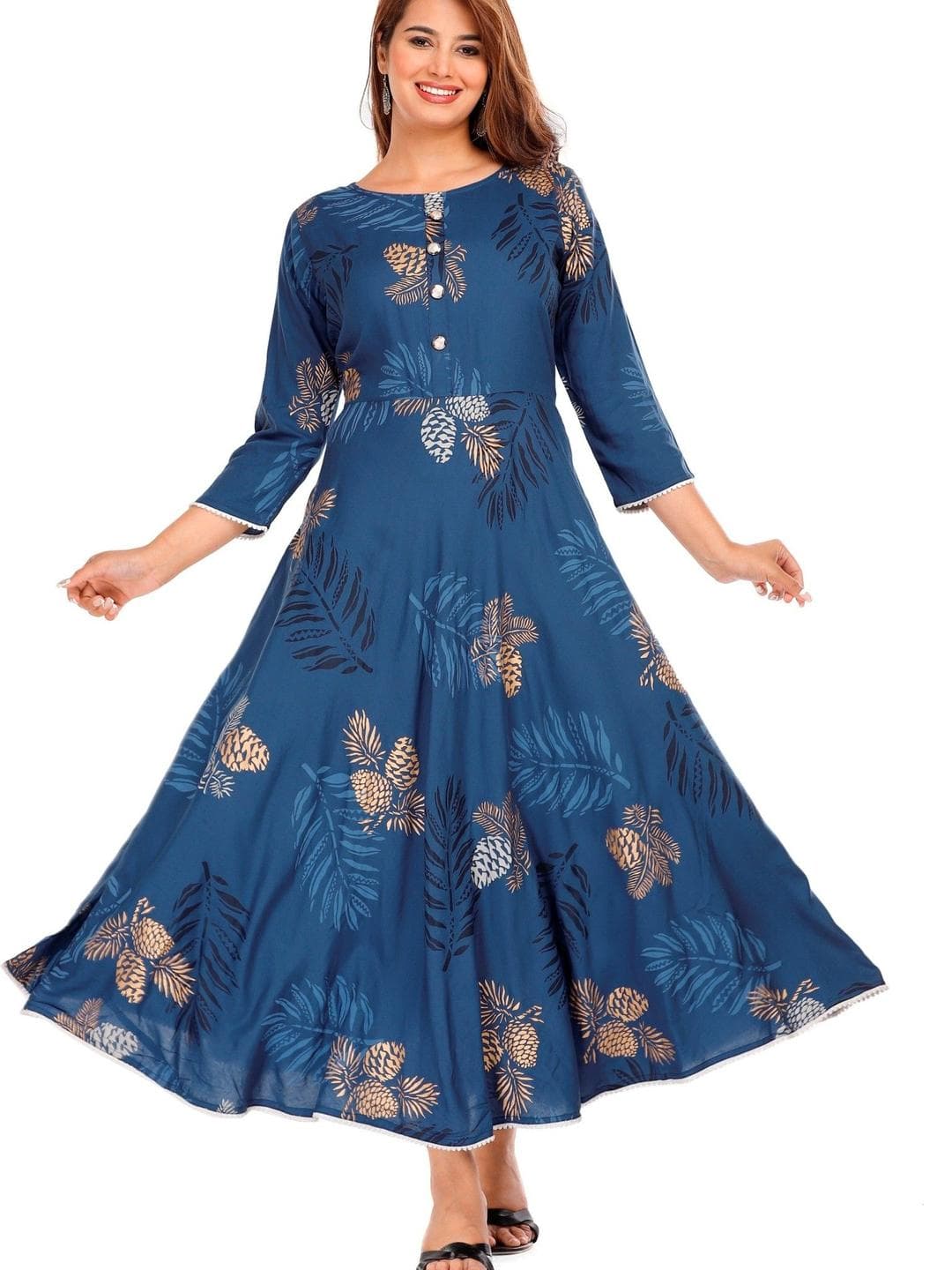 CTMTEX Women Floral Printed Round-Neck Flared Ethnic Dress