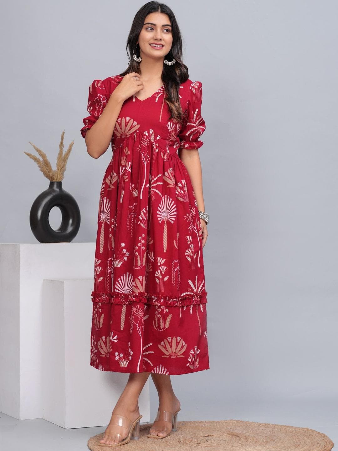 CTMTEX Women Floral Printed V-Neck Empire Ethnic Dress