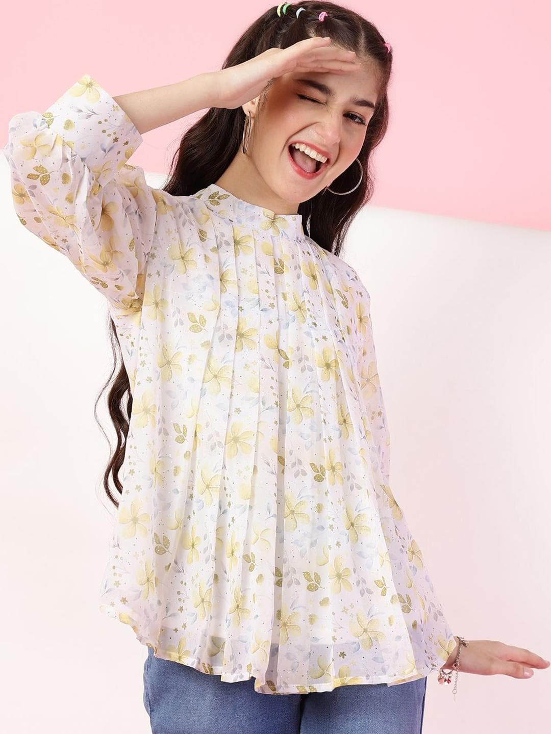 Ishti Girls Floral Print Cuffed Sleeves Top