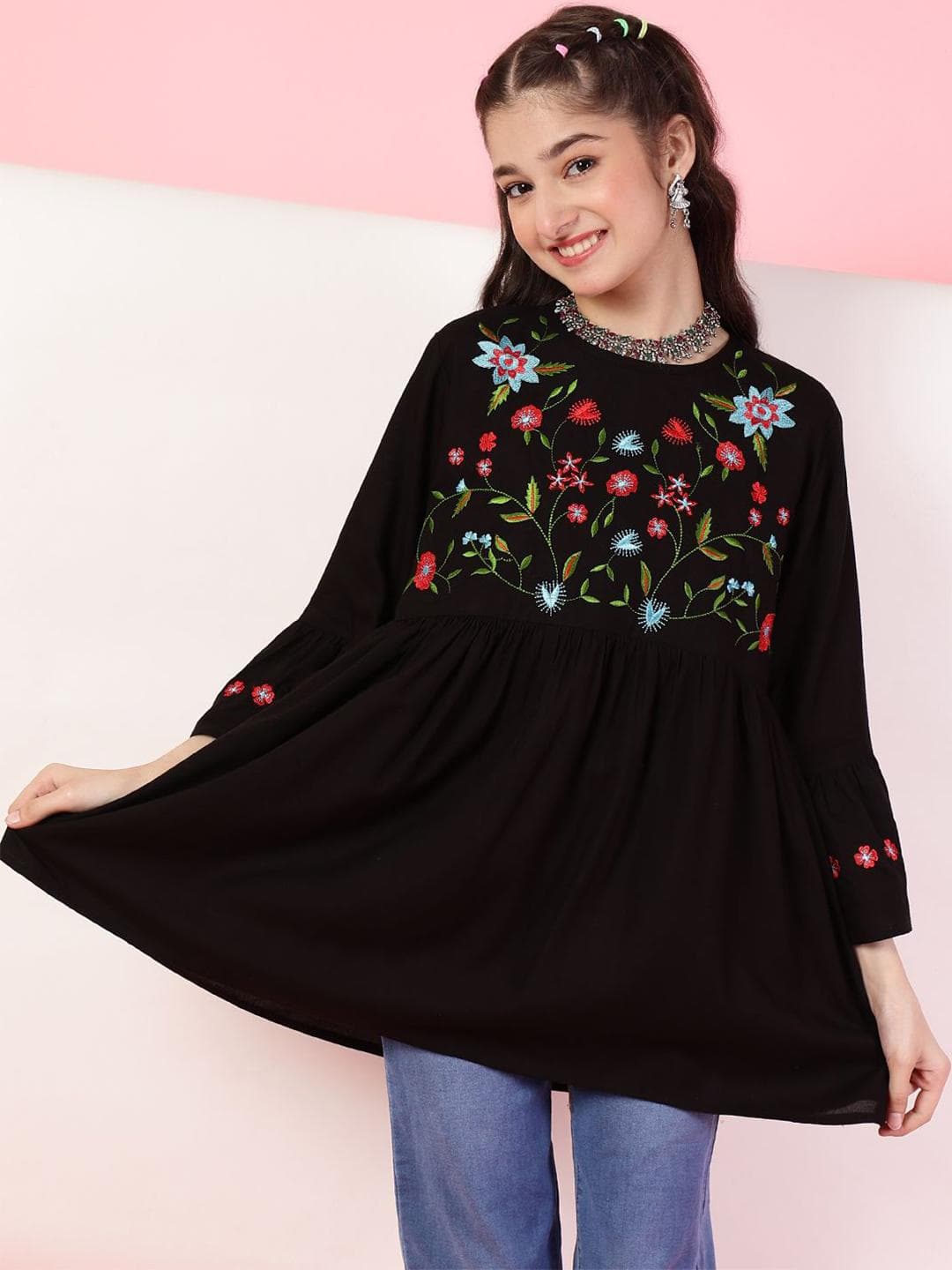 Ishti Girls Floral Embroidered Peplum Top