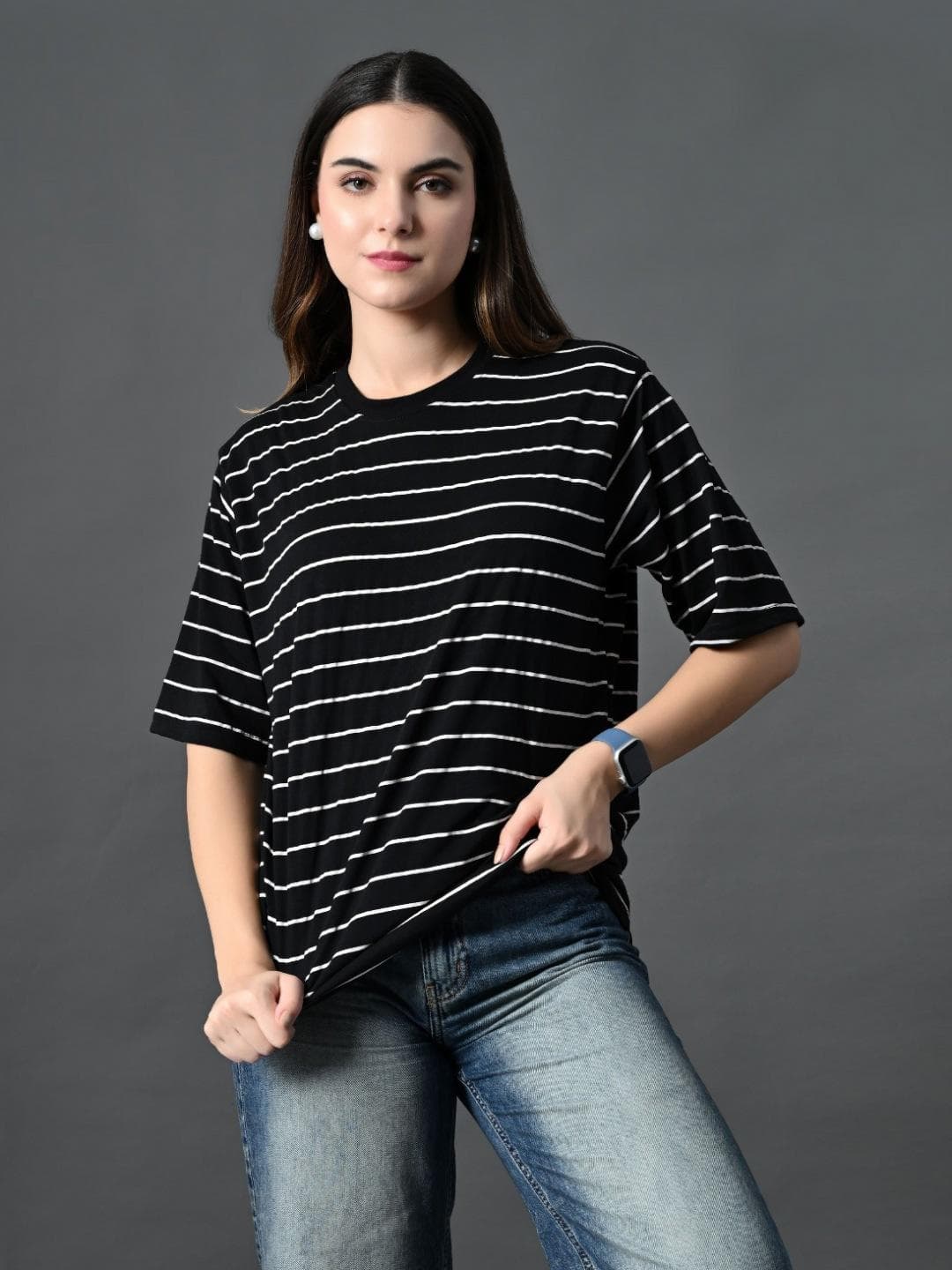 CORSICA Women Bio Finish Striped Round Neck Cotton Relaxed Fit T-shirt