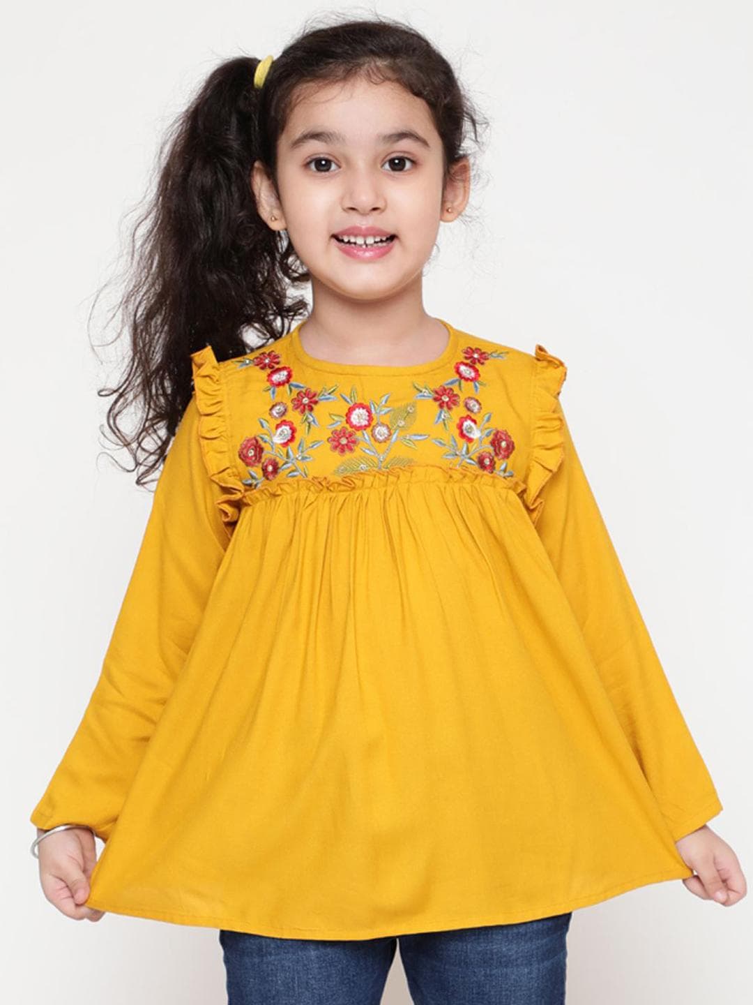 Ishti Girls Floral Embroidered Empire Long Sleeved Ruffled Regular Top